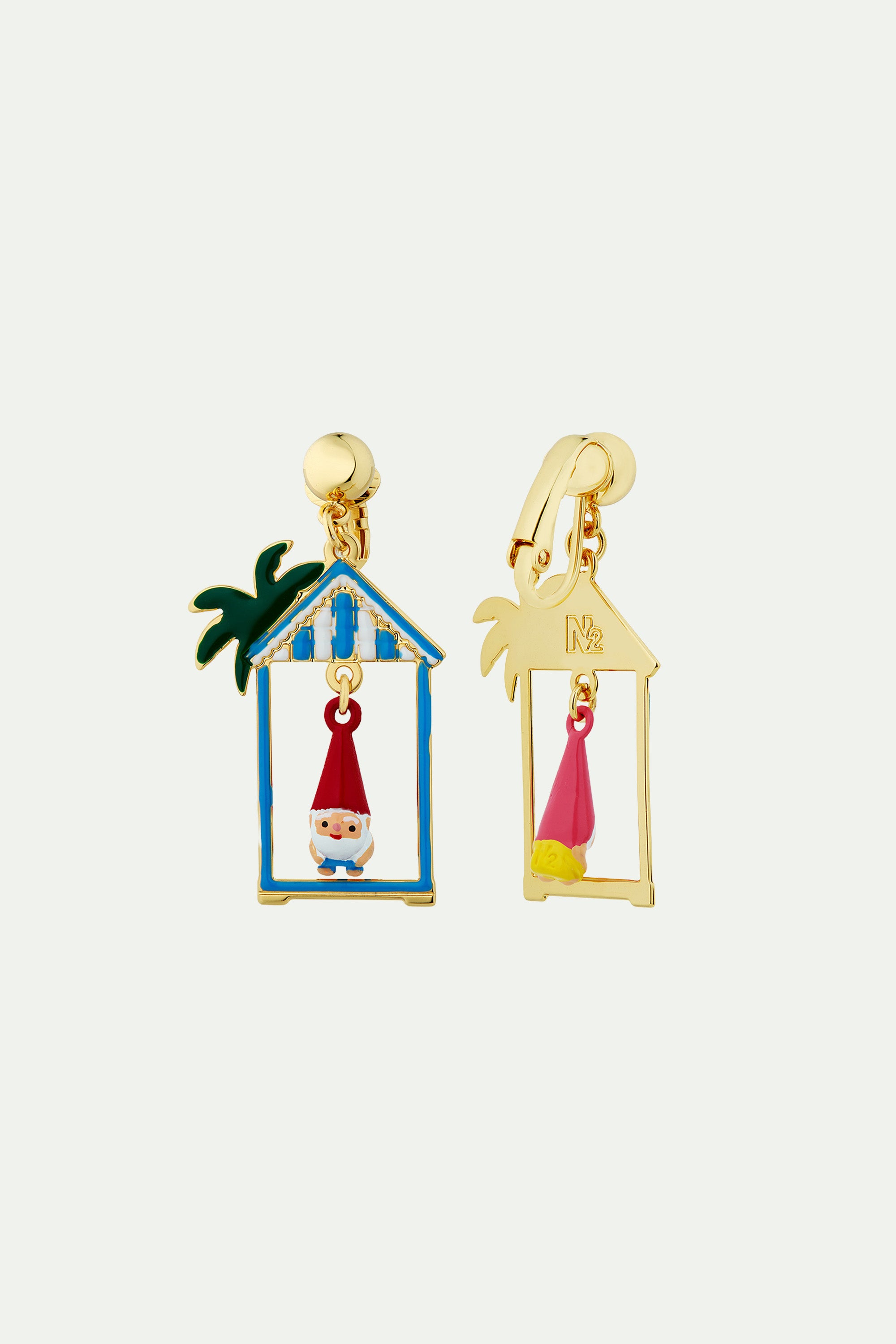 Toadstool family couple and beach hut asymmetrical earrings