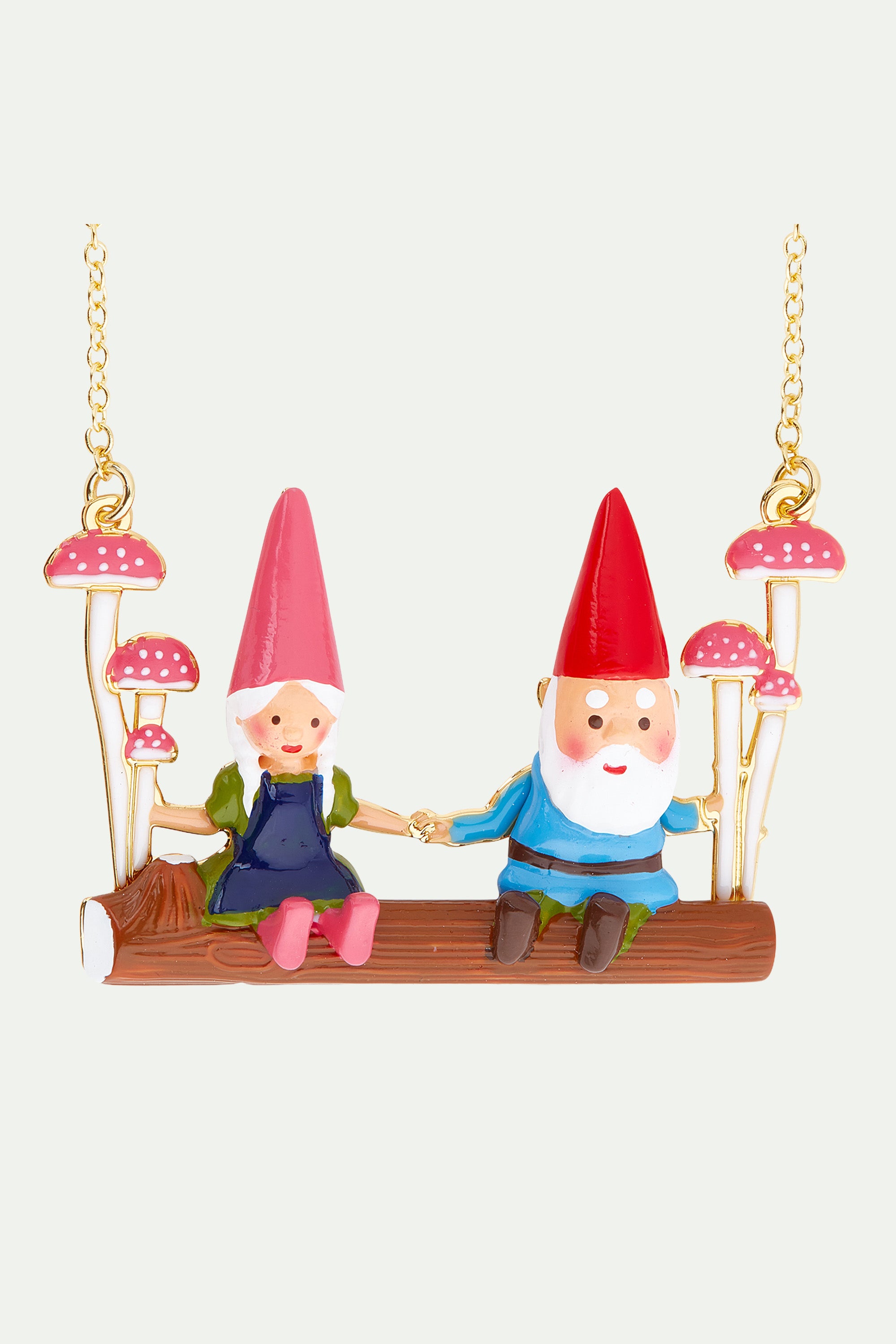 Garden gnomes on a swing statement necklace