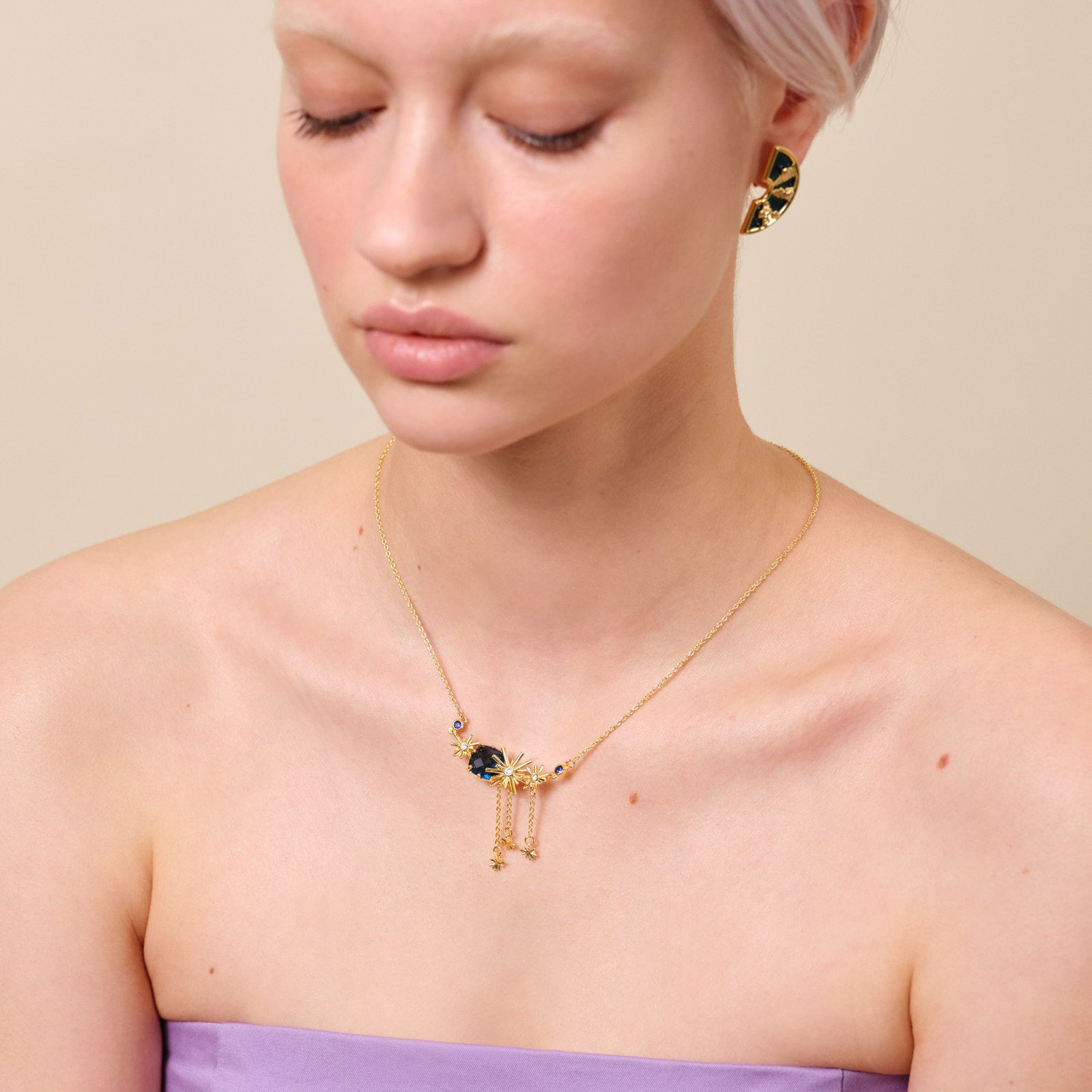 Gold stars and blue stone statement necklace