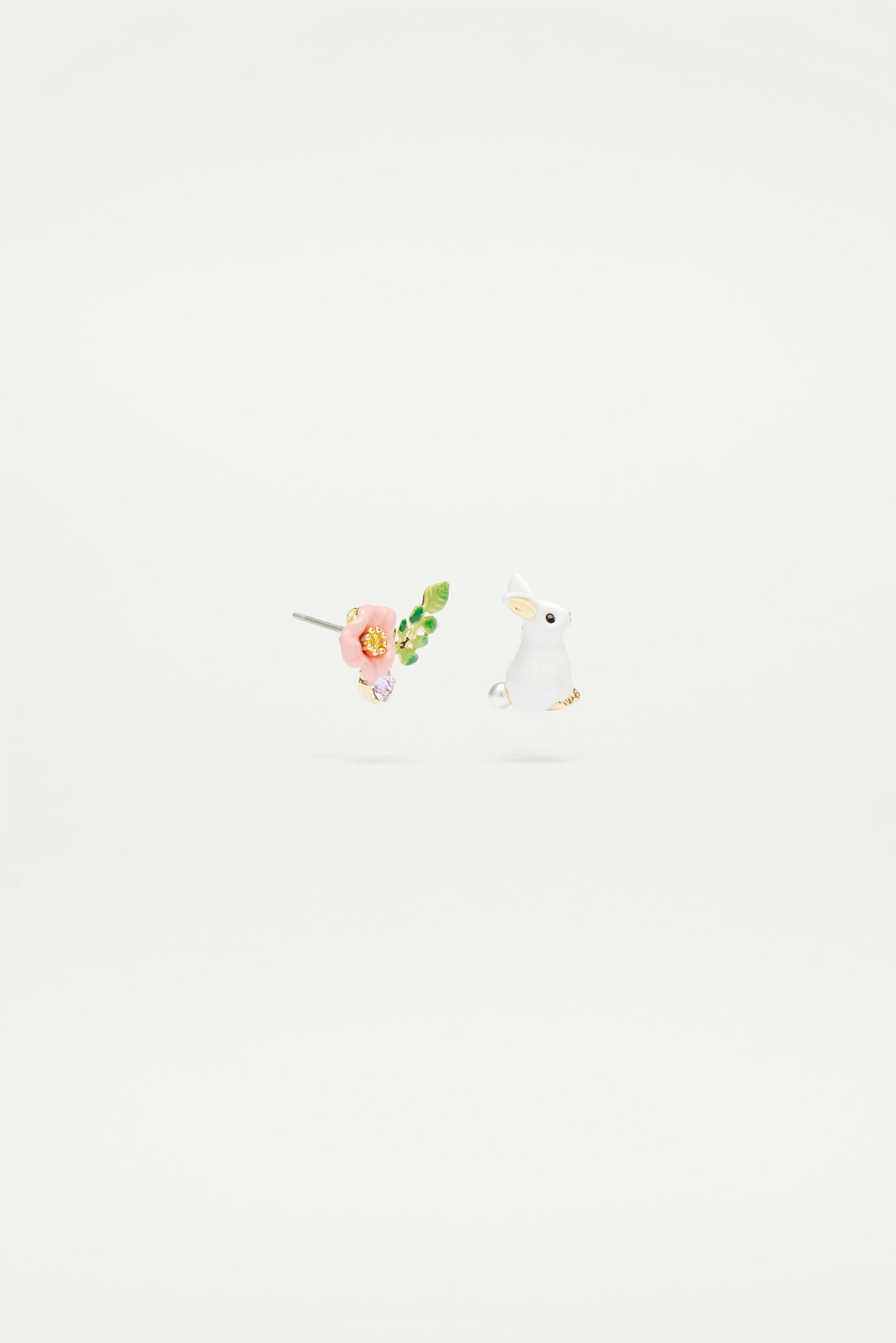 Rabbit and Pink flower Asymmetrical Clip on Earrings