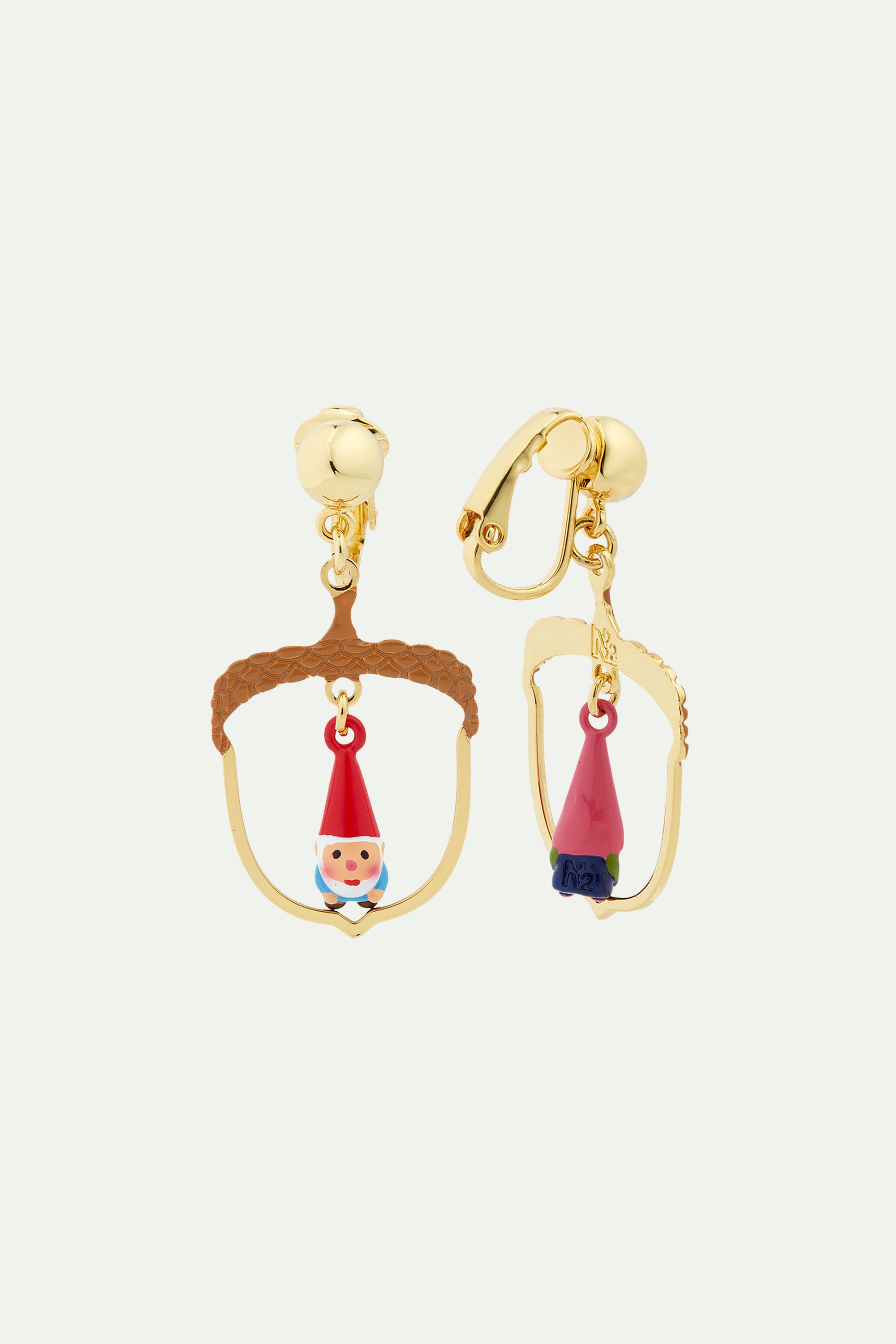Hazelnut and garden gnome asymmetrical clip-on earrings