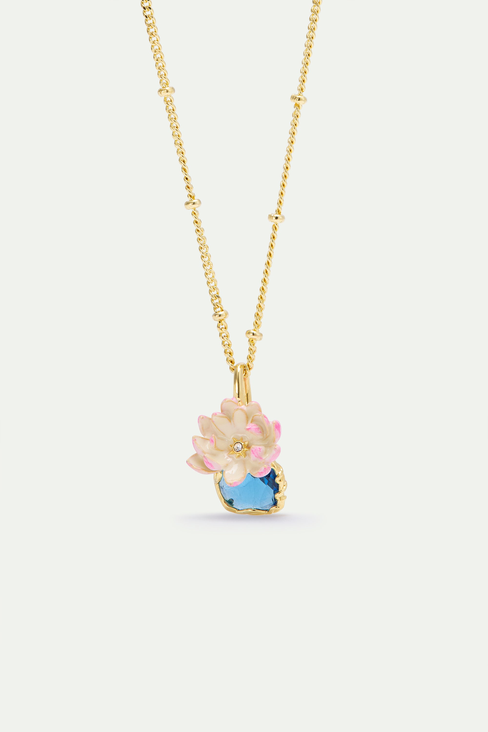 Pink water lily and round blue stone pendant necklace