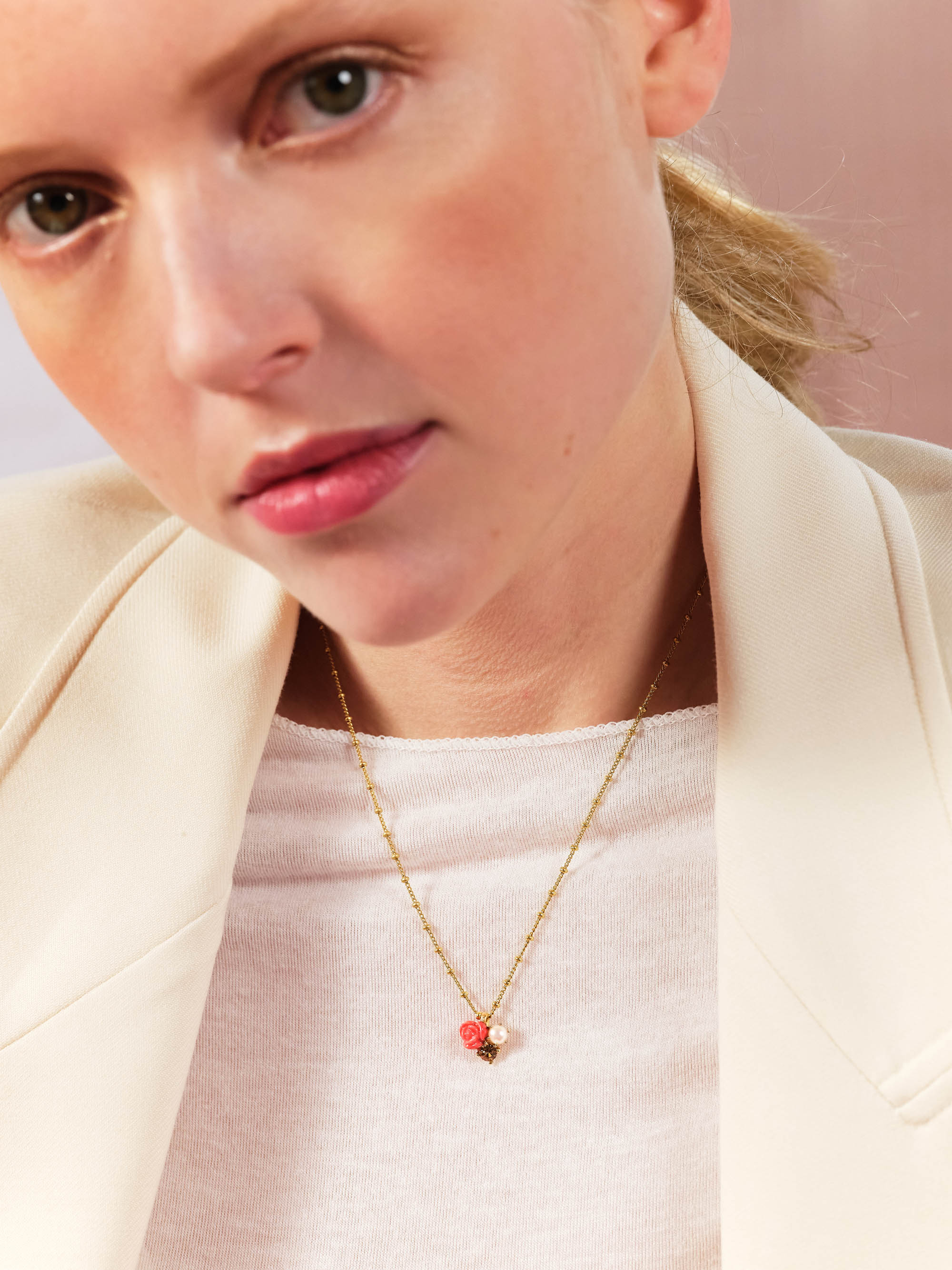 Rose, cultured pearl and stone pendant necklace