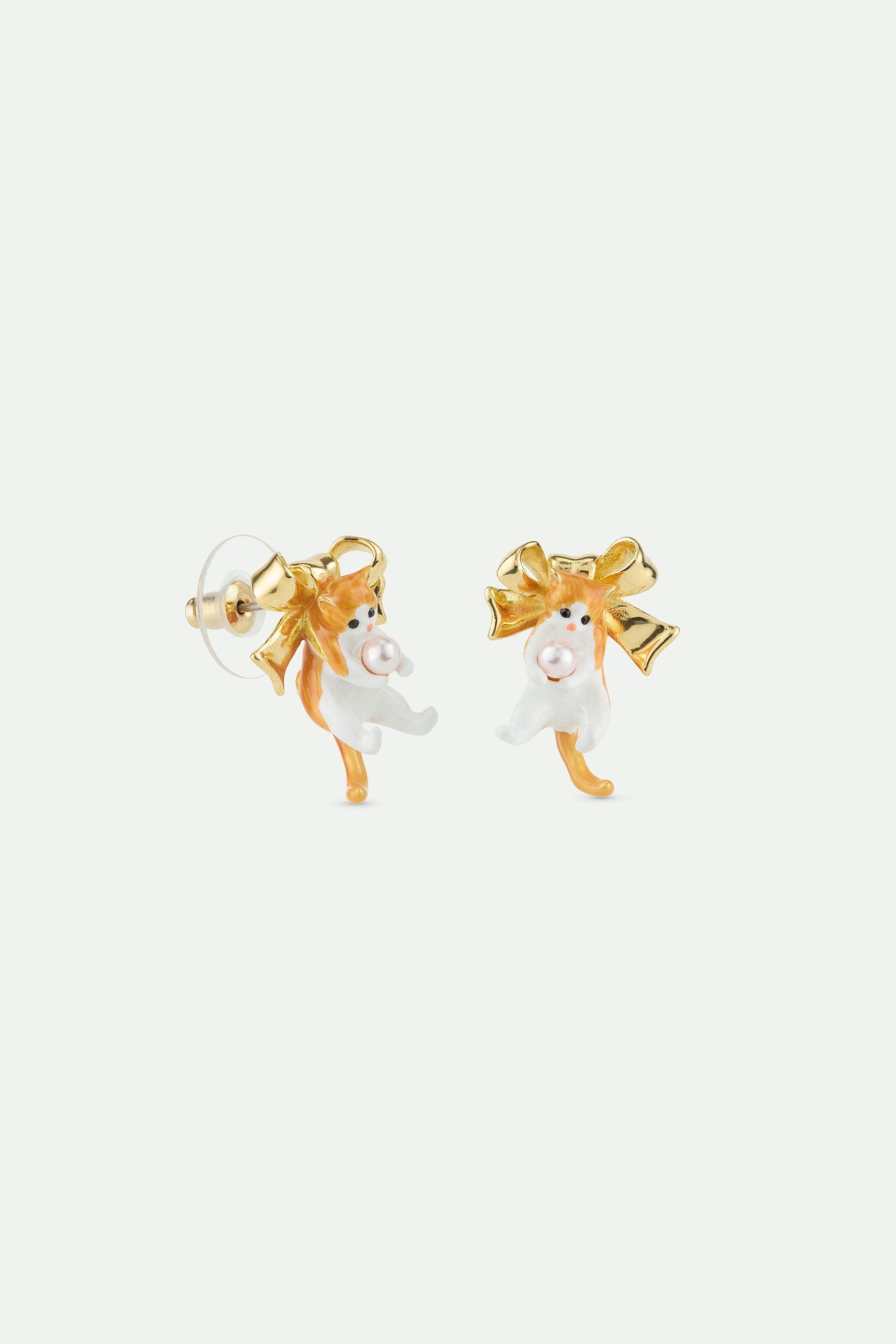 Orange tabby kitten and golden bow earrings