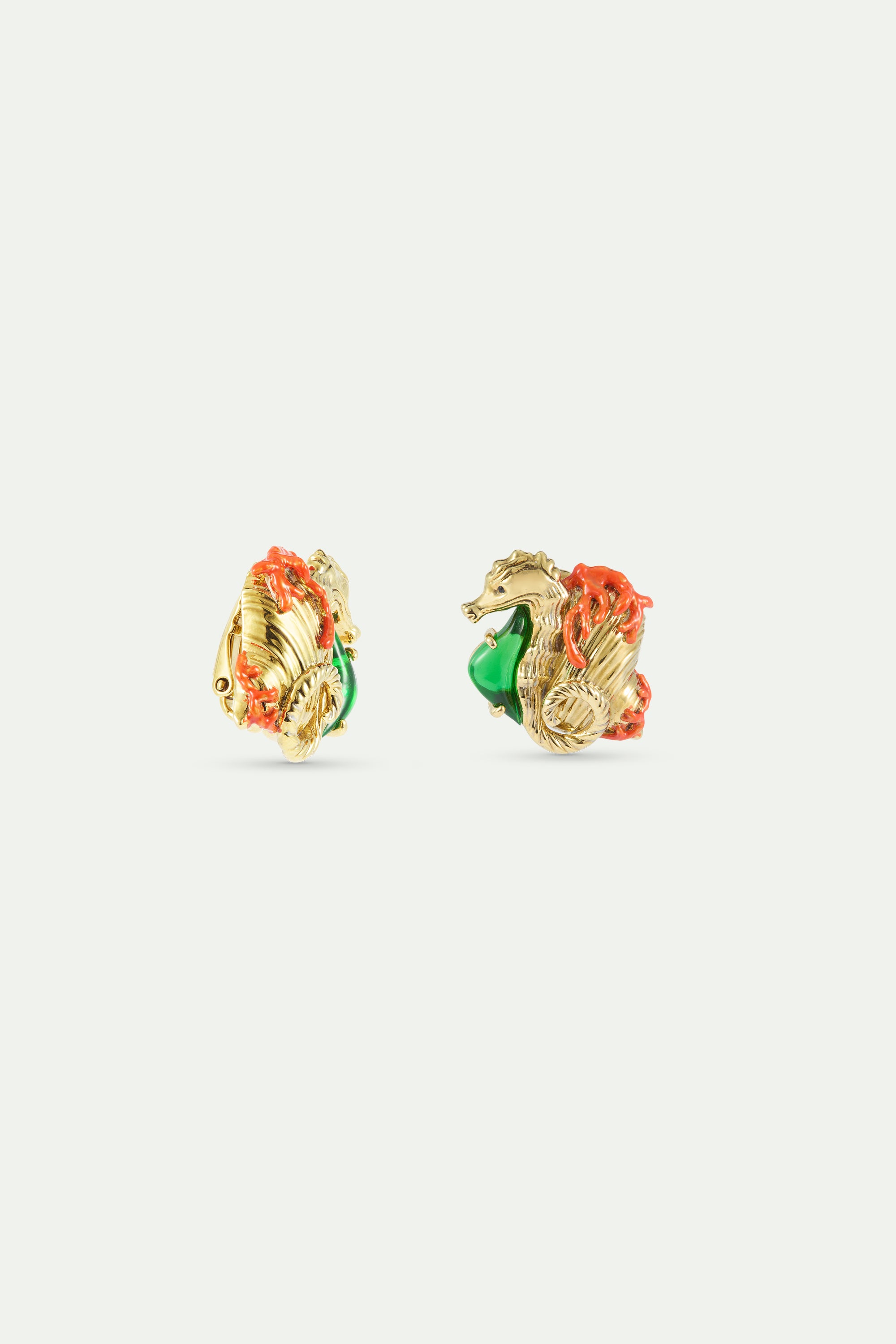 Golden seahorse and green stone earrings