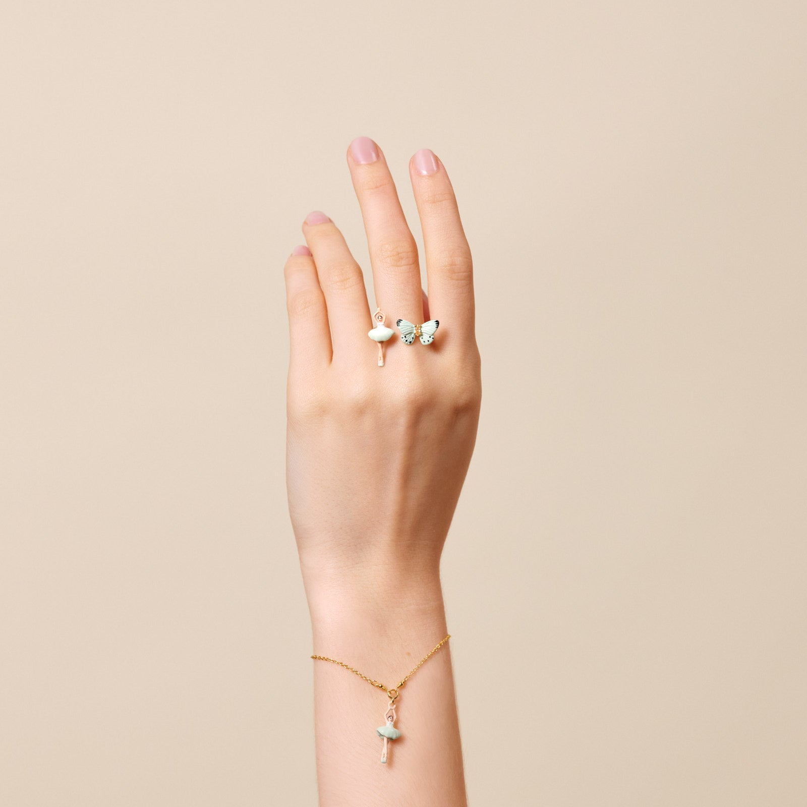 Mini pas de deux and aqua green butterfly adjustable ring