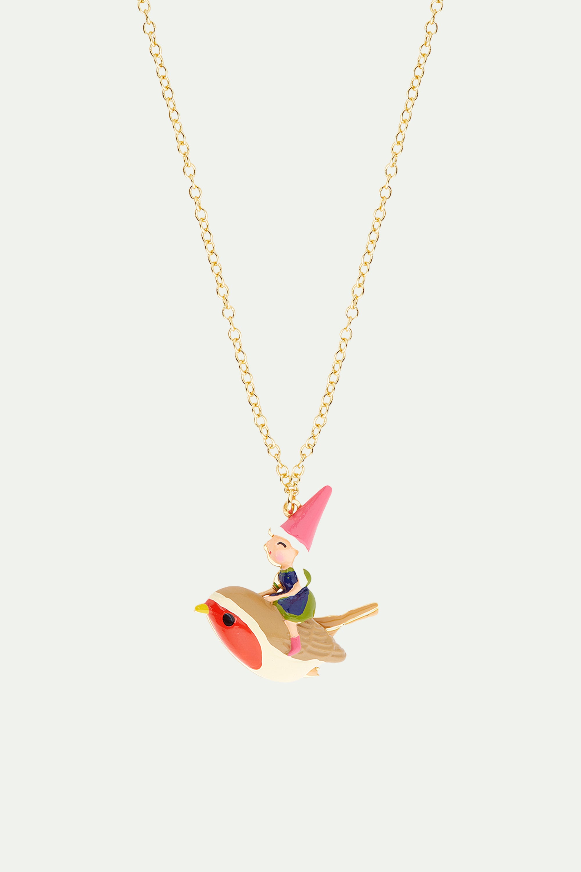 Garden gnome lady and bird riding pendant necklace