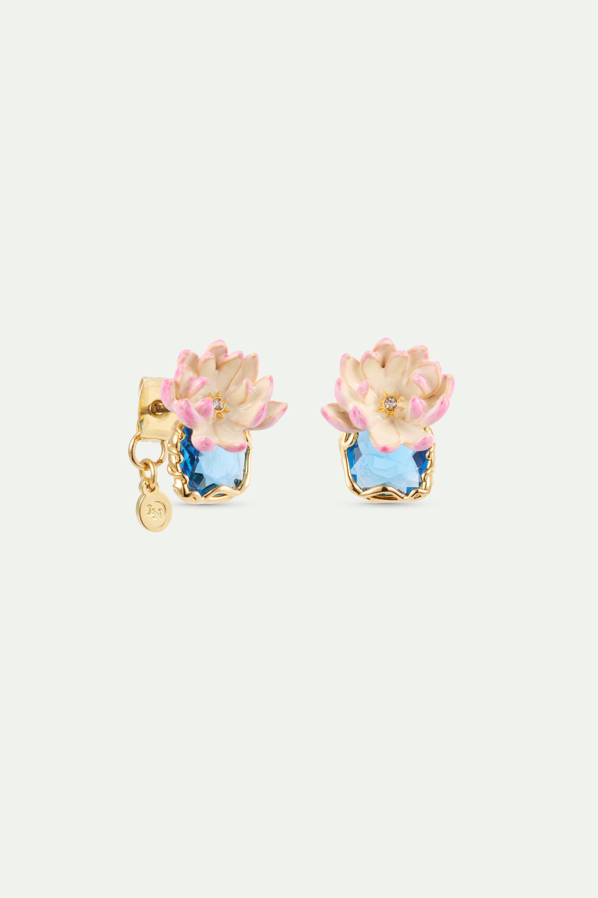 Pink water lily and round blue stone clip-on earrings