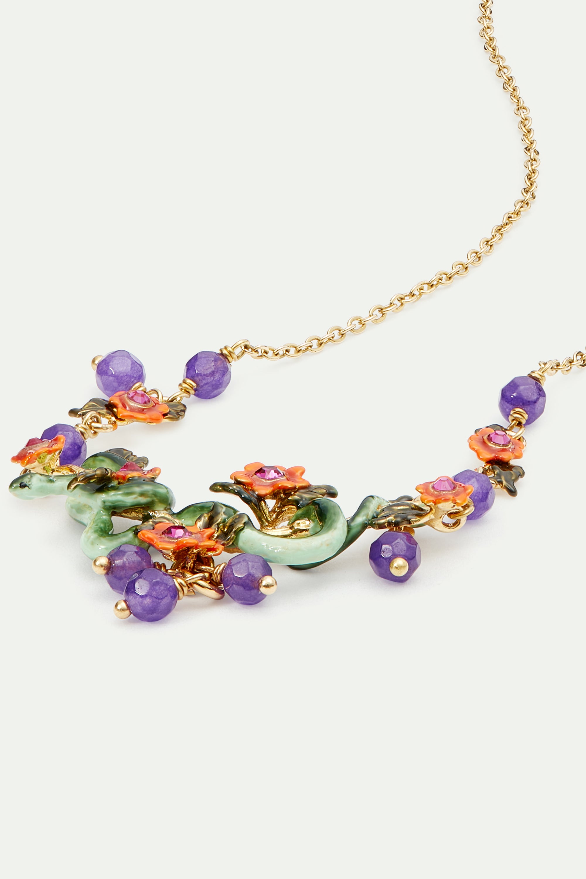 Snake, red flowers and glass beads statement necklace