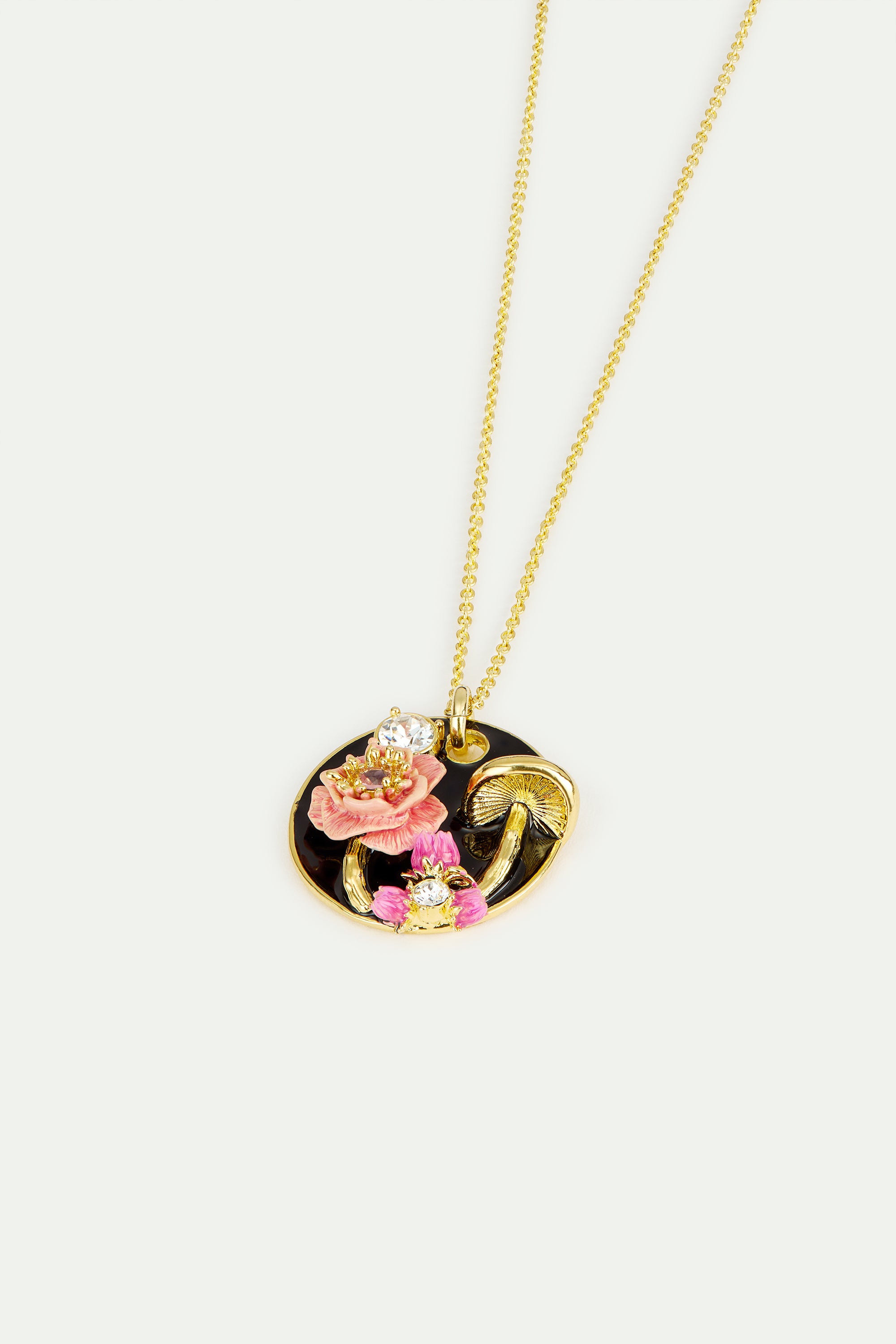 Black medallion pendant necklace with mushroom, anemone and crystals