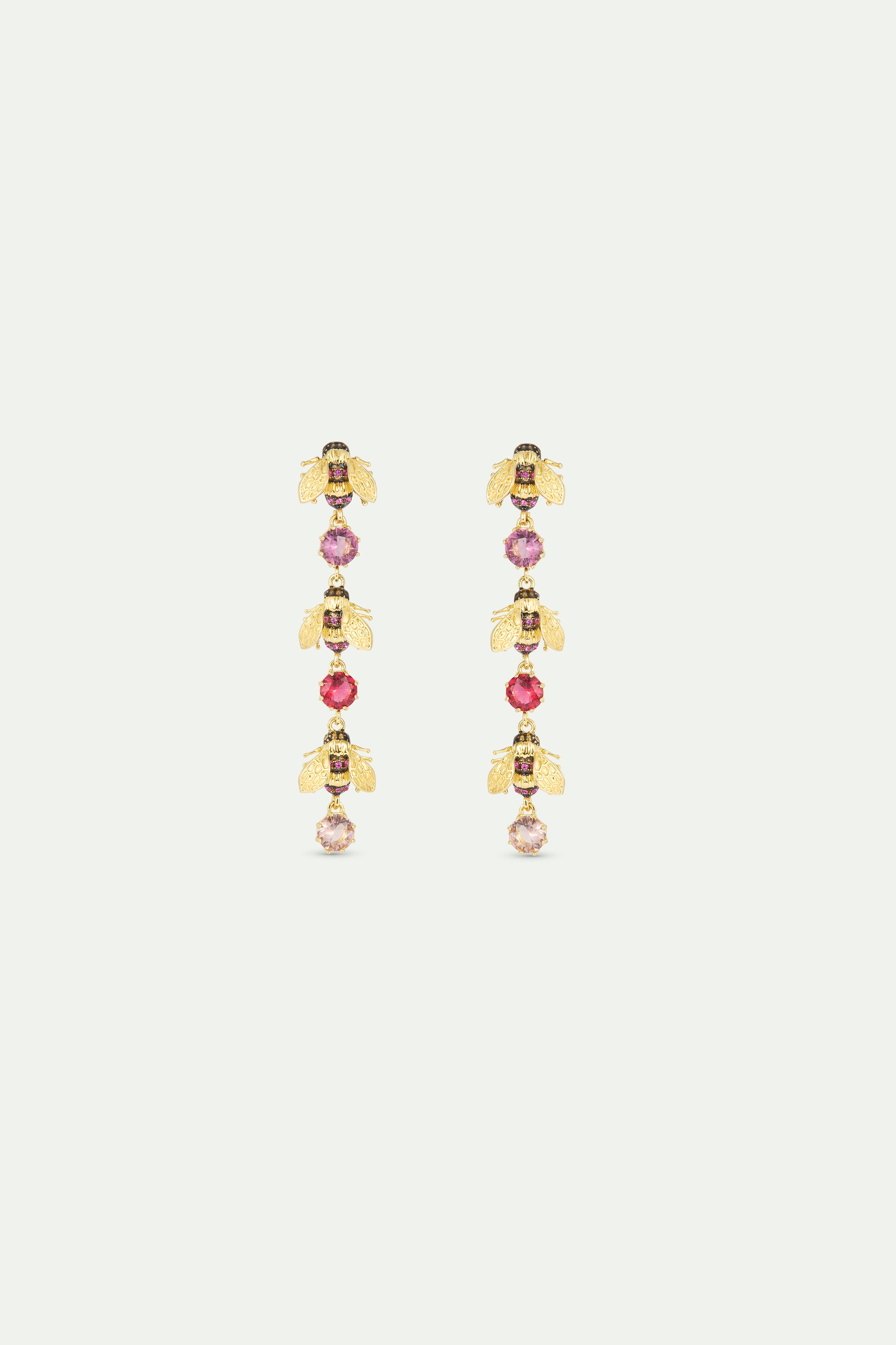 Dangle earrings with gold bees and pink round stones