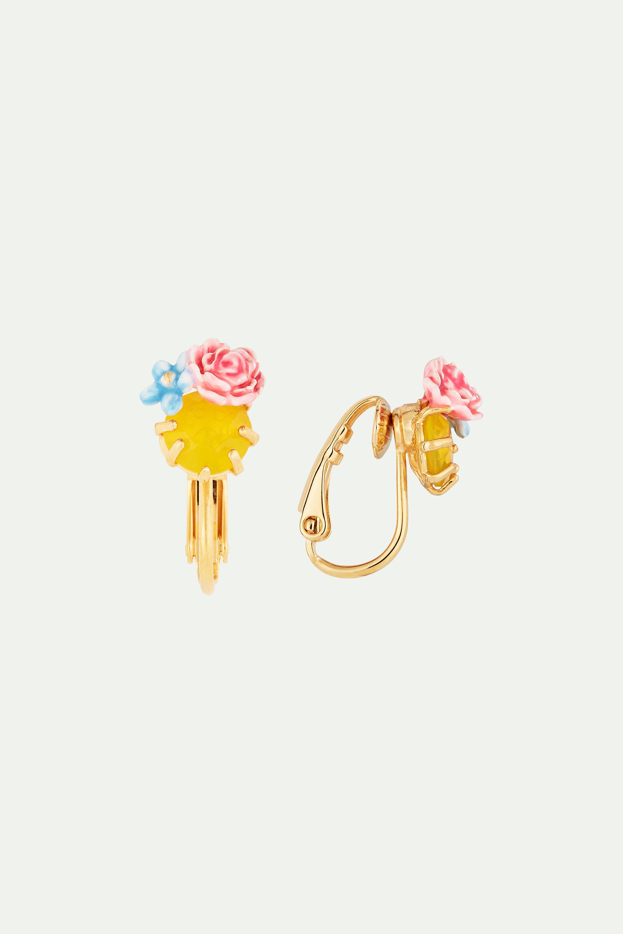 Peony and Faceted Glass Stone Clip-on Earrings
