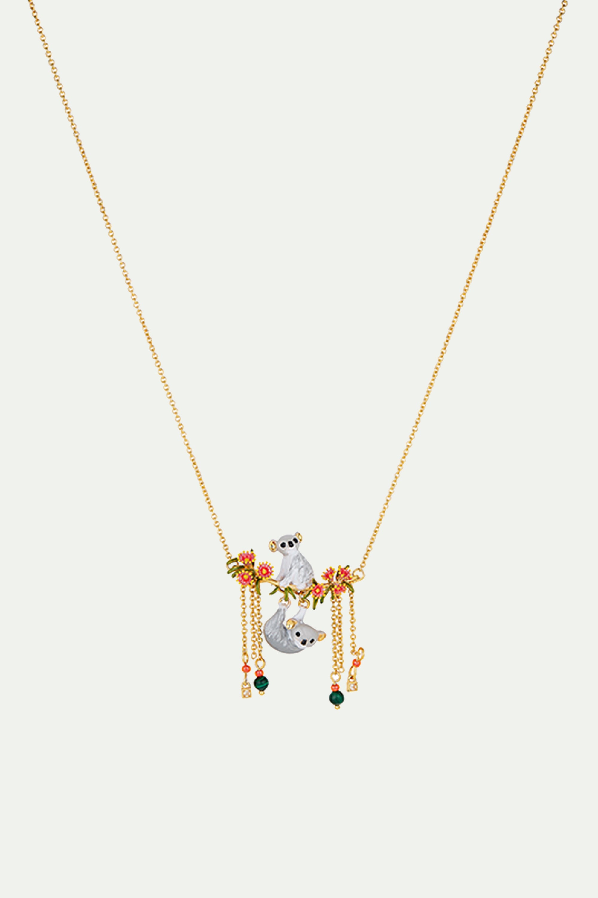 Duo of Koalas, Pink Eucalyptus and malachite beads statement necklace