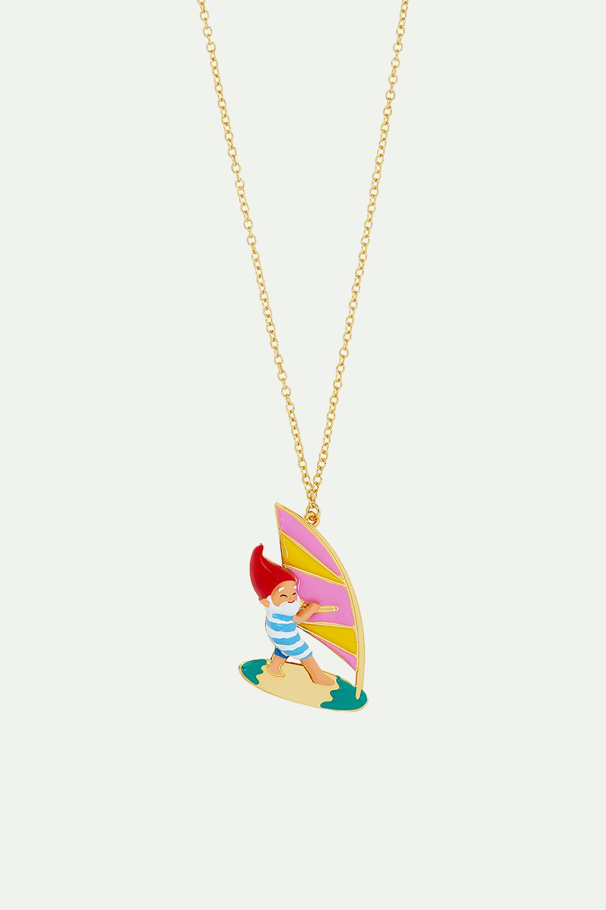 Surfing garden gnome pendant necklace