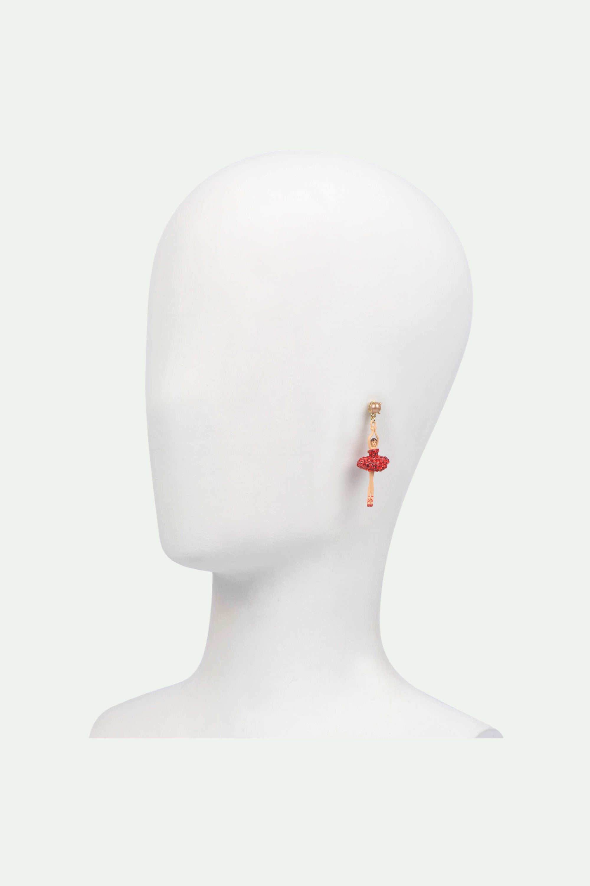 Clip on earrings toe-dancing ballerina with tutu paved with red rhinestones