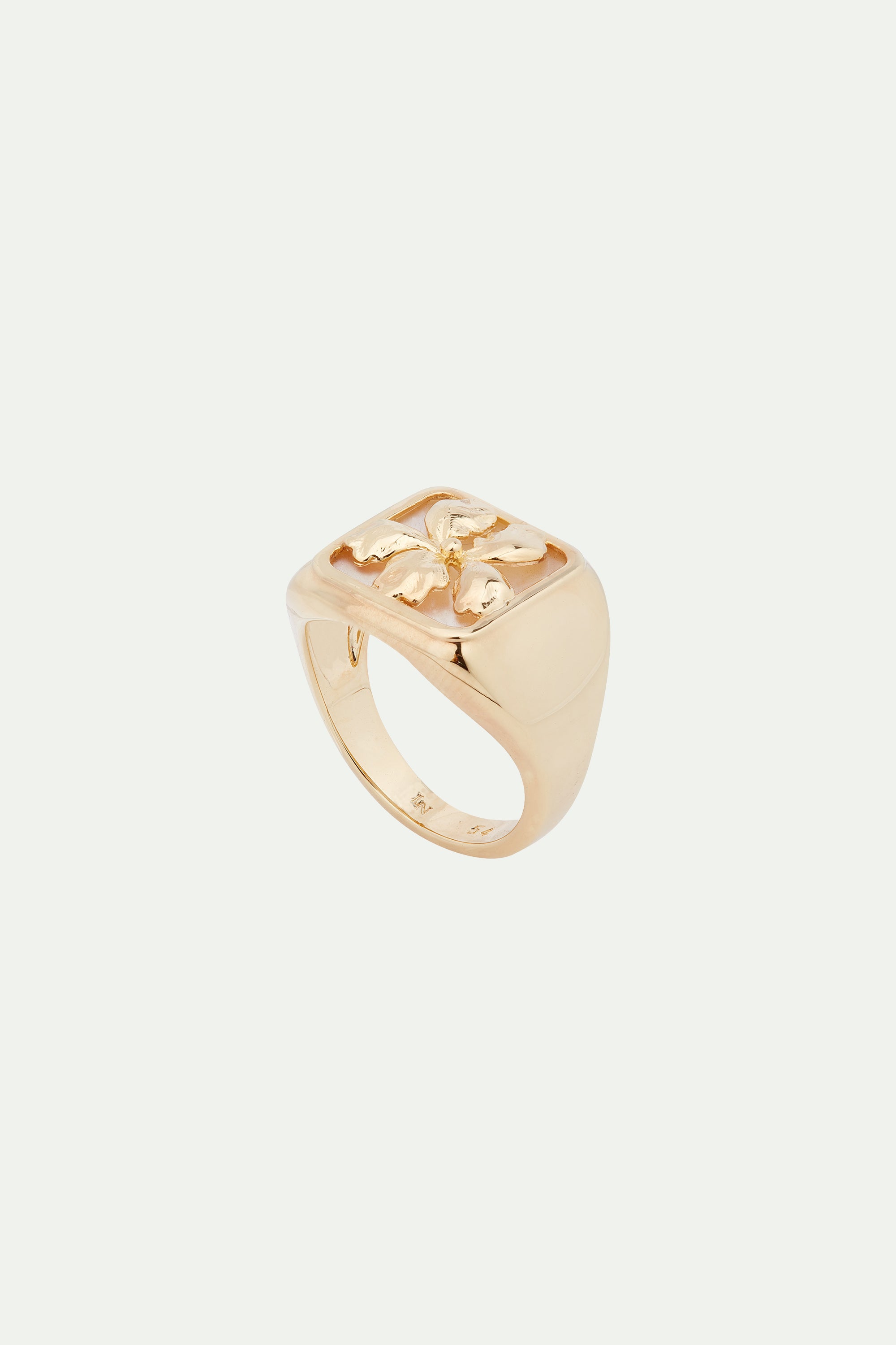 Gold iris on mother of pearl plate ring