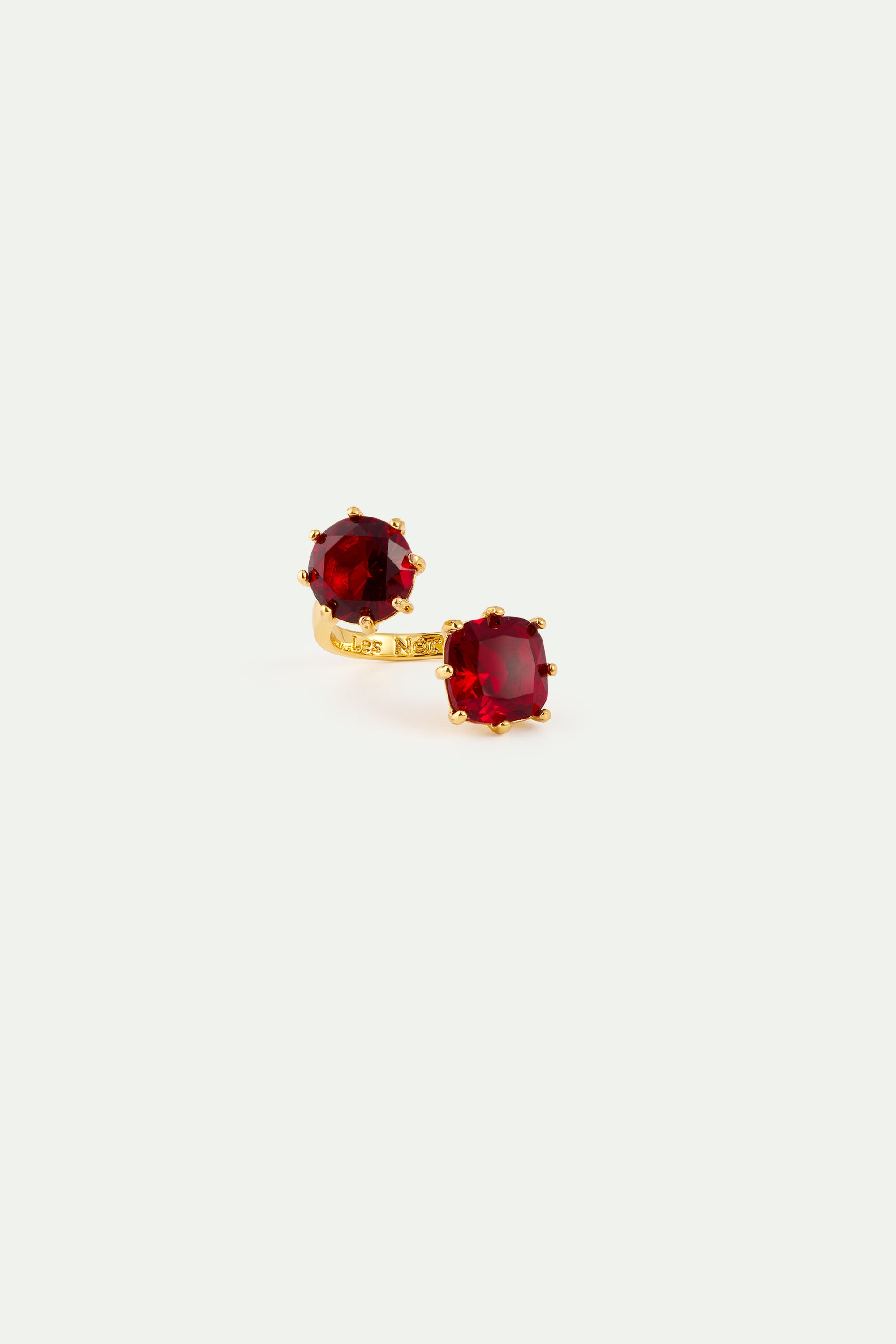 Garnet Red Diamantine adjustable you and me ring with round and cushion cut stones