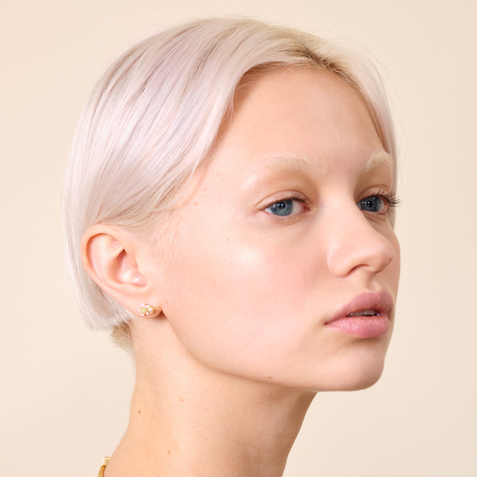 Asymmetrical wild strawberry and pink flower post earrings