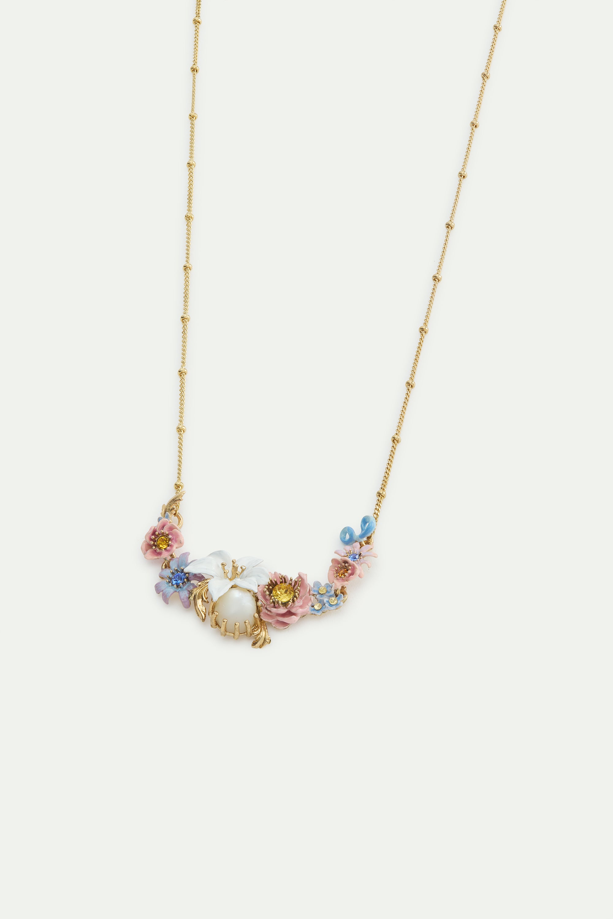 Pink and blue flowers, lily and mother of pearl round stone statement necklace
