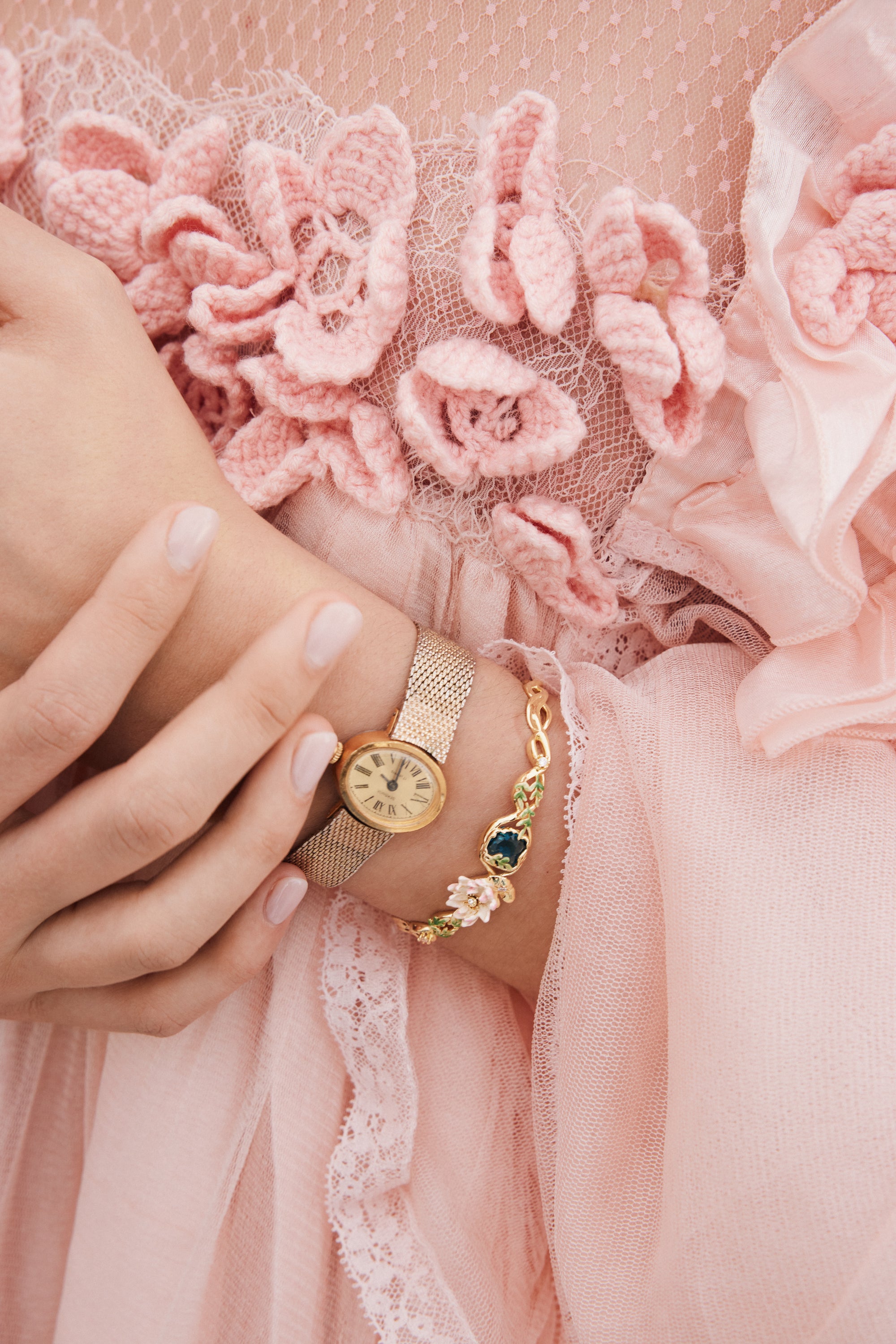 Pink water lily and round blue stone cuff bracelet