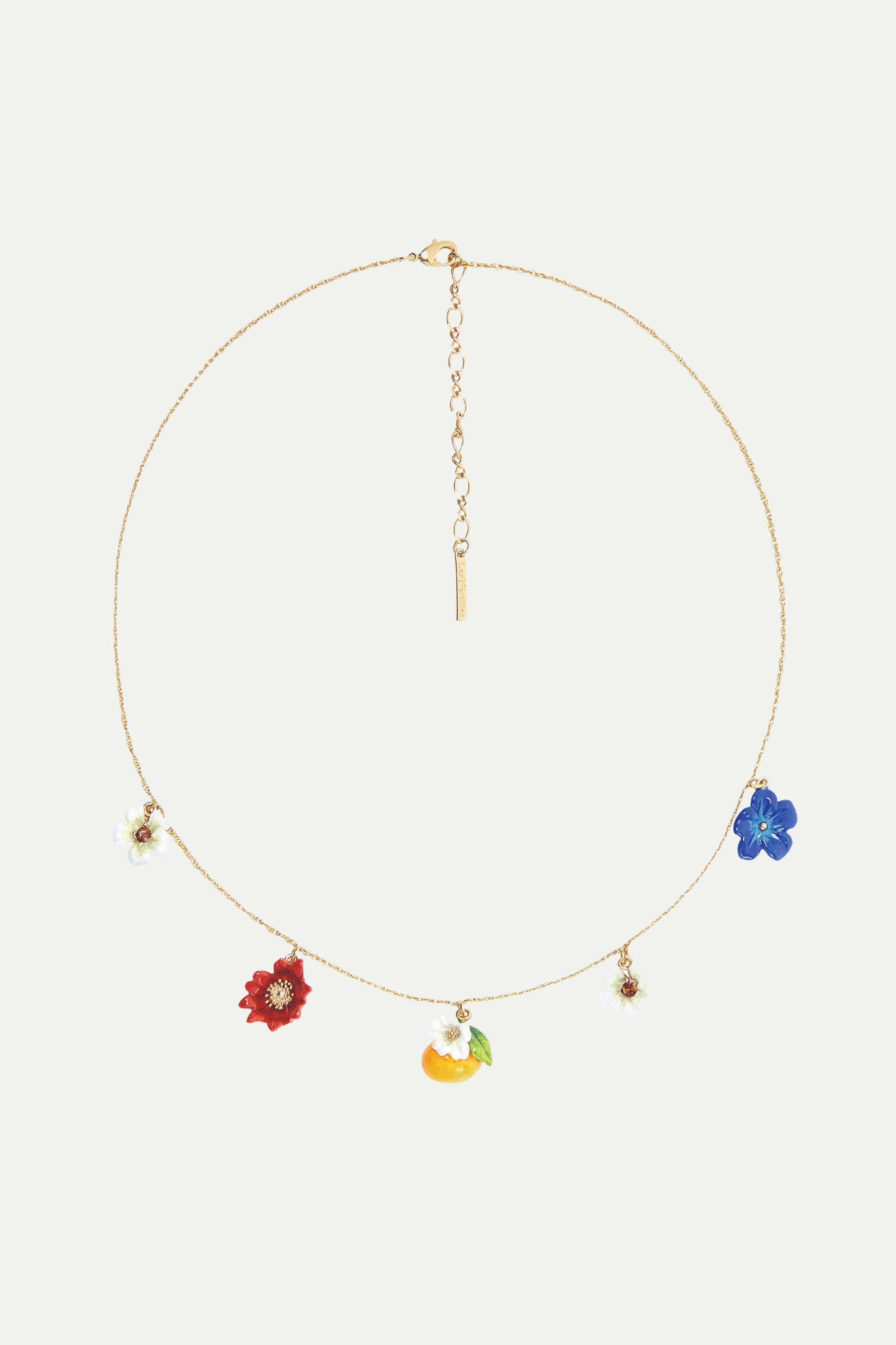 Blue, white and red flowers, clementine and butterfly charm necklace