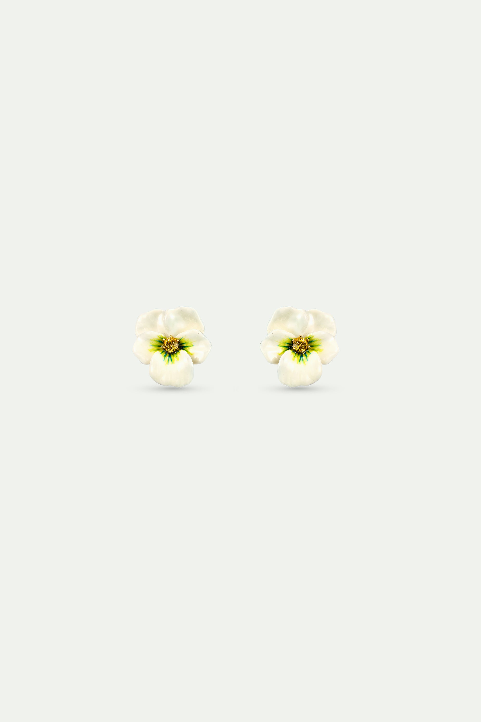 White pansy and cut crystal earrings