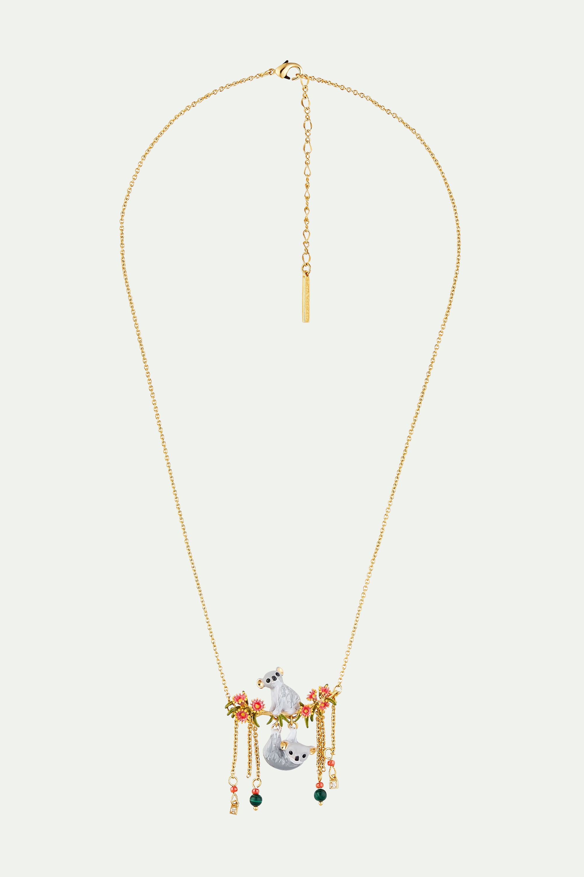 Duo of Koalas, Pink Eucalyptus and malachite beads statement necklace
