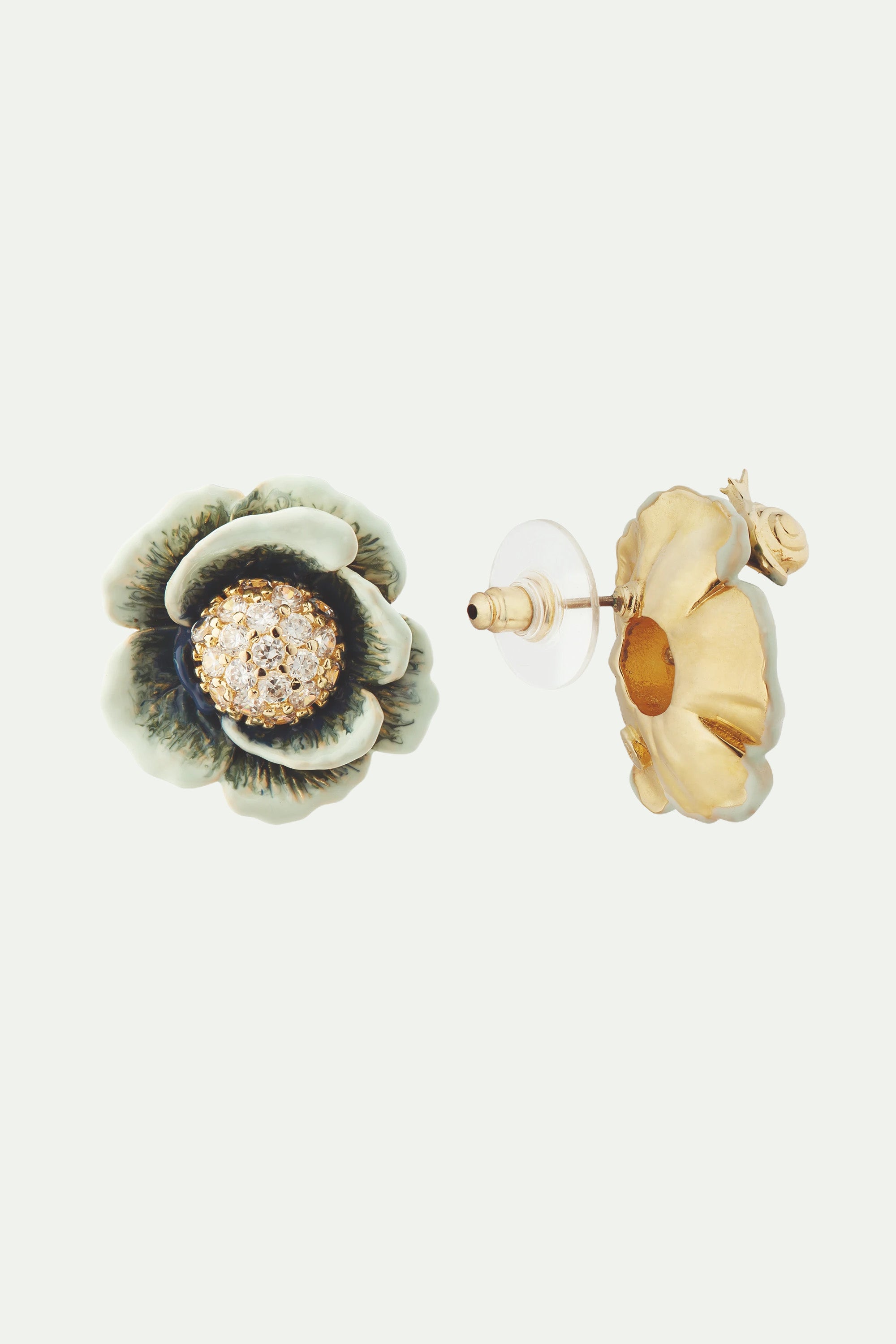Cabbage studded with white crystal post earrings