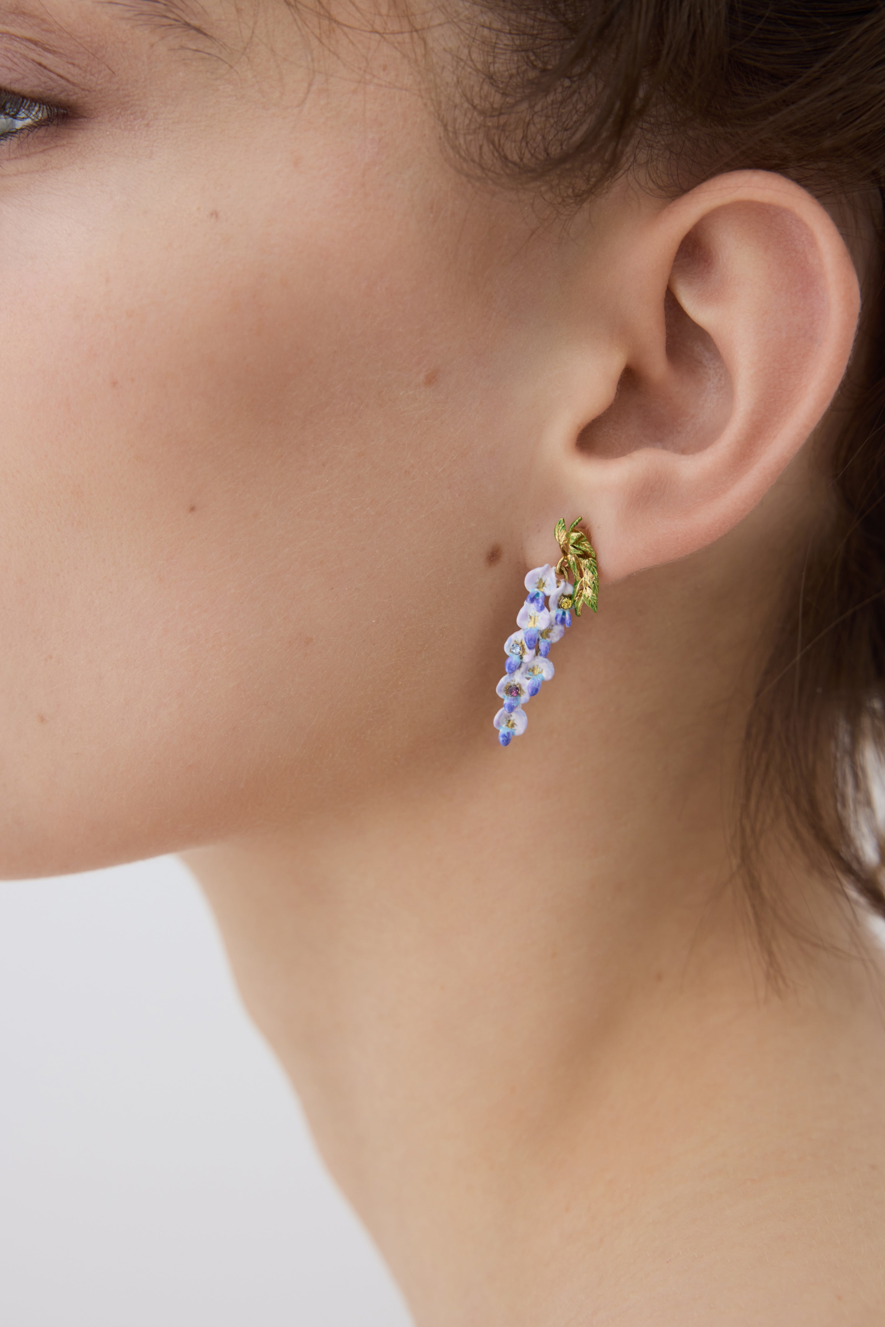 Wisteria Flower and Foliage Dangling Post Earrings