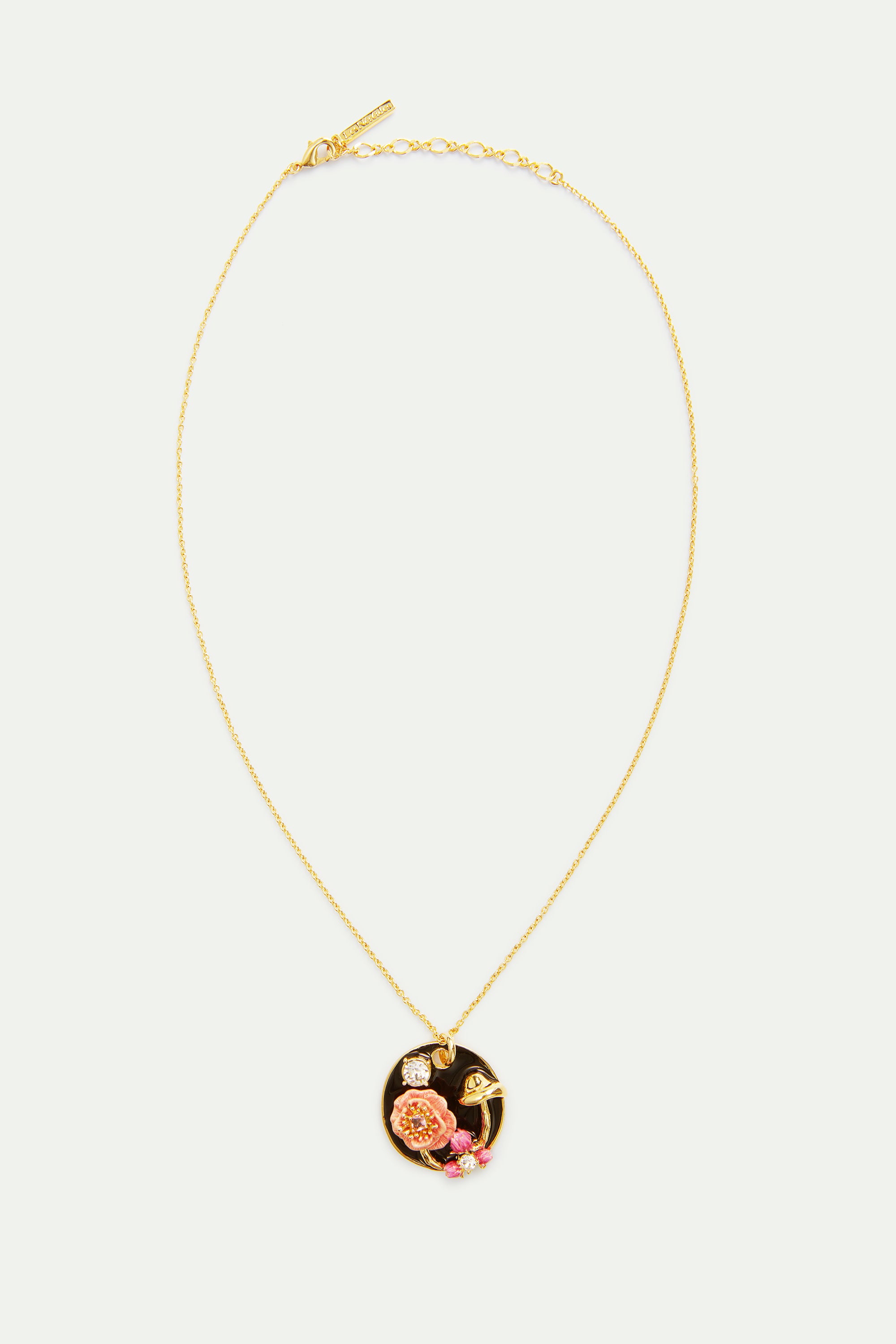 Black medallion pendant necklace with mushroom, anemone and crystals