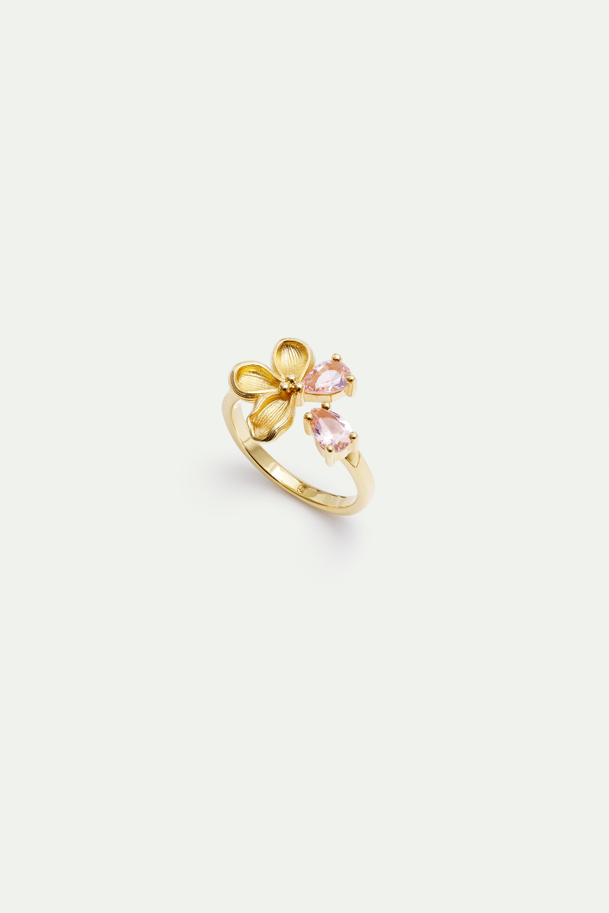 Adjustable gold ring with cherry blossom and pink stones
