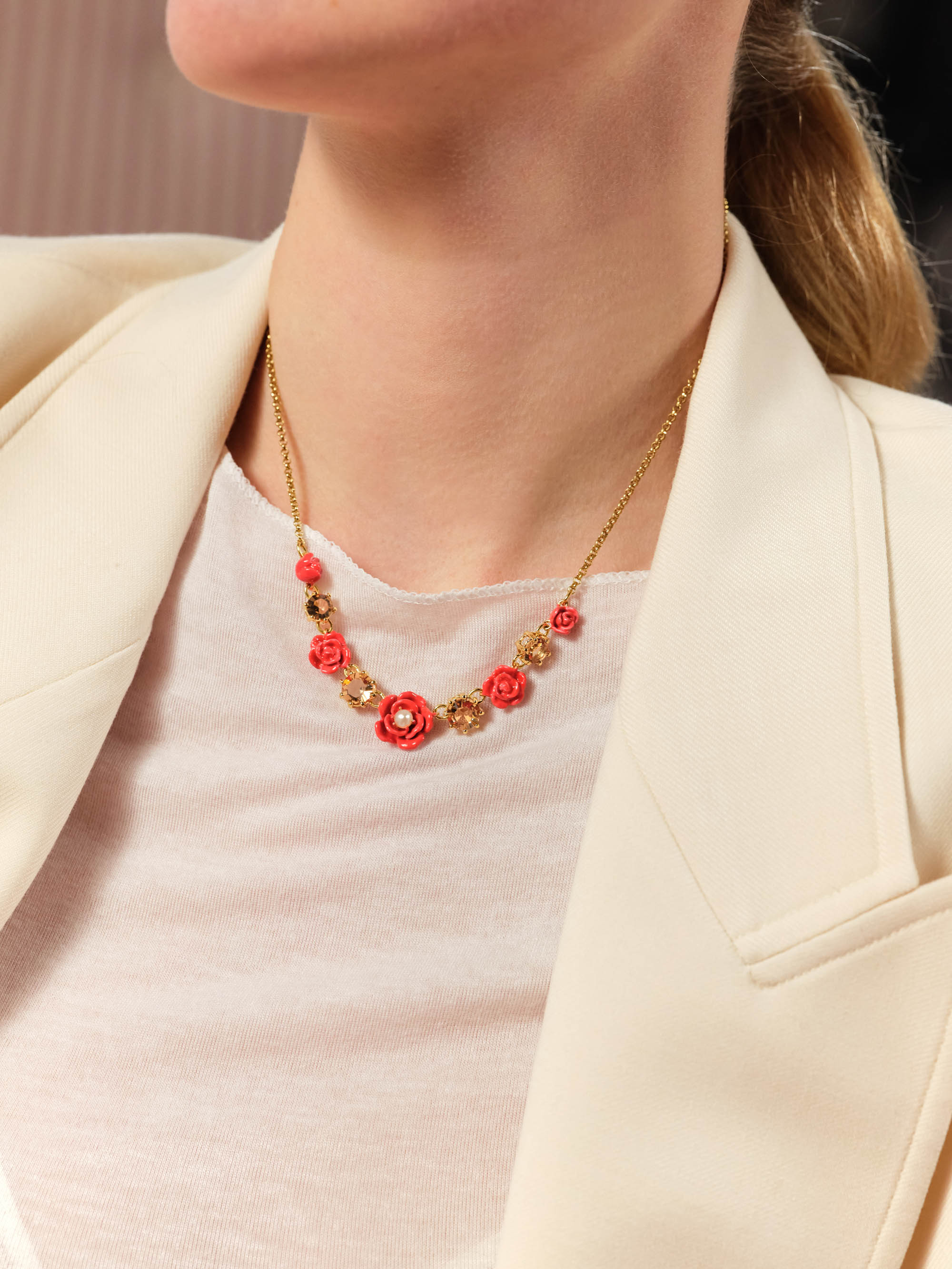 Roses, cultured pearl and stone statement necklace