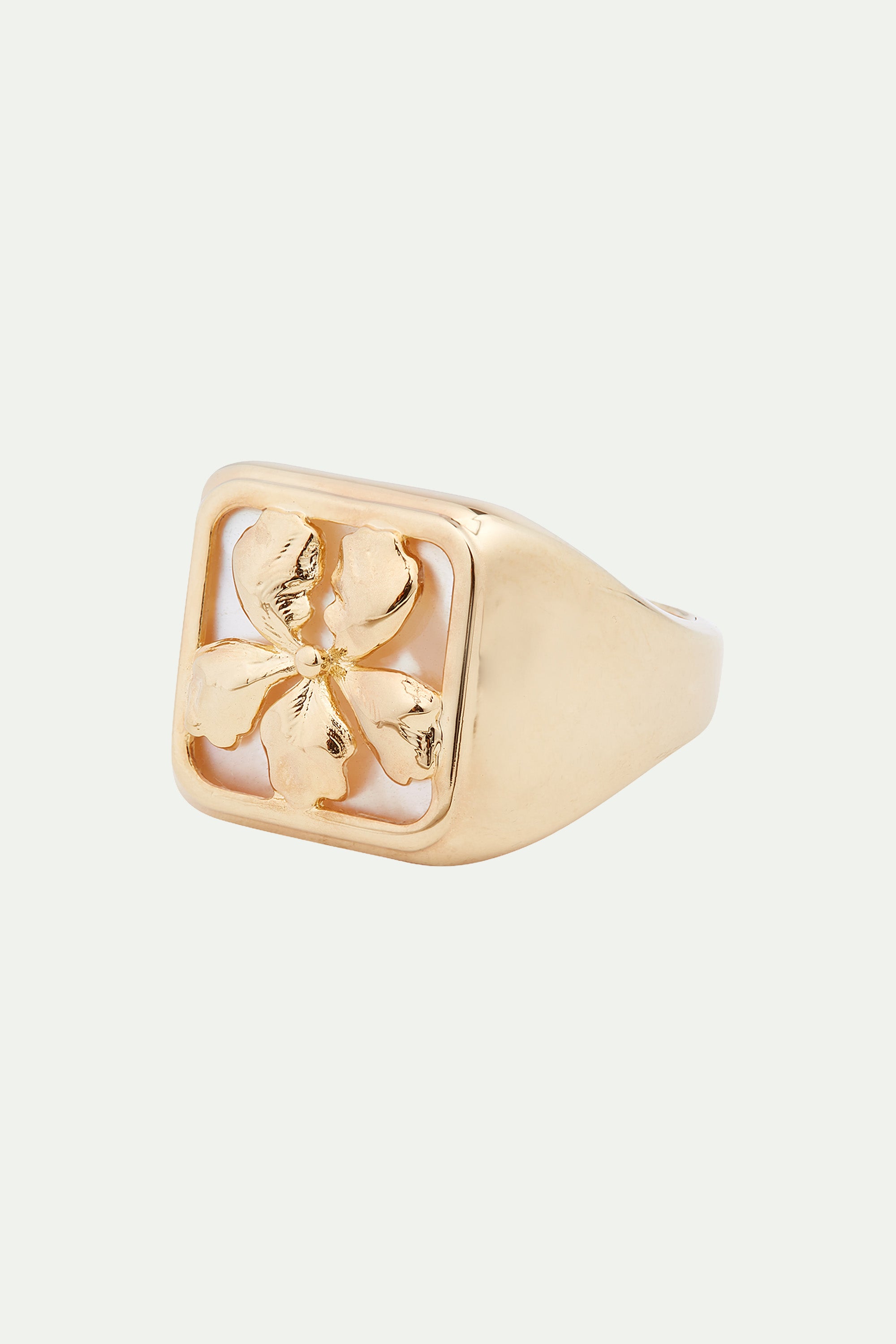 Gold iris on mother of pearl plate ring