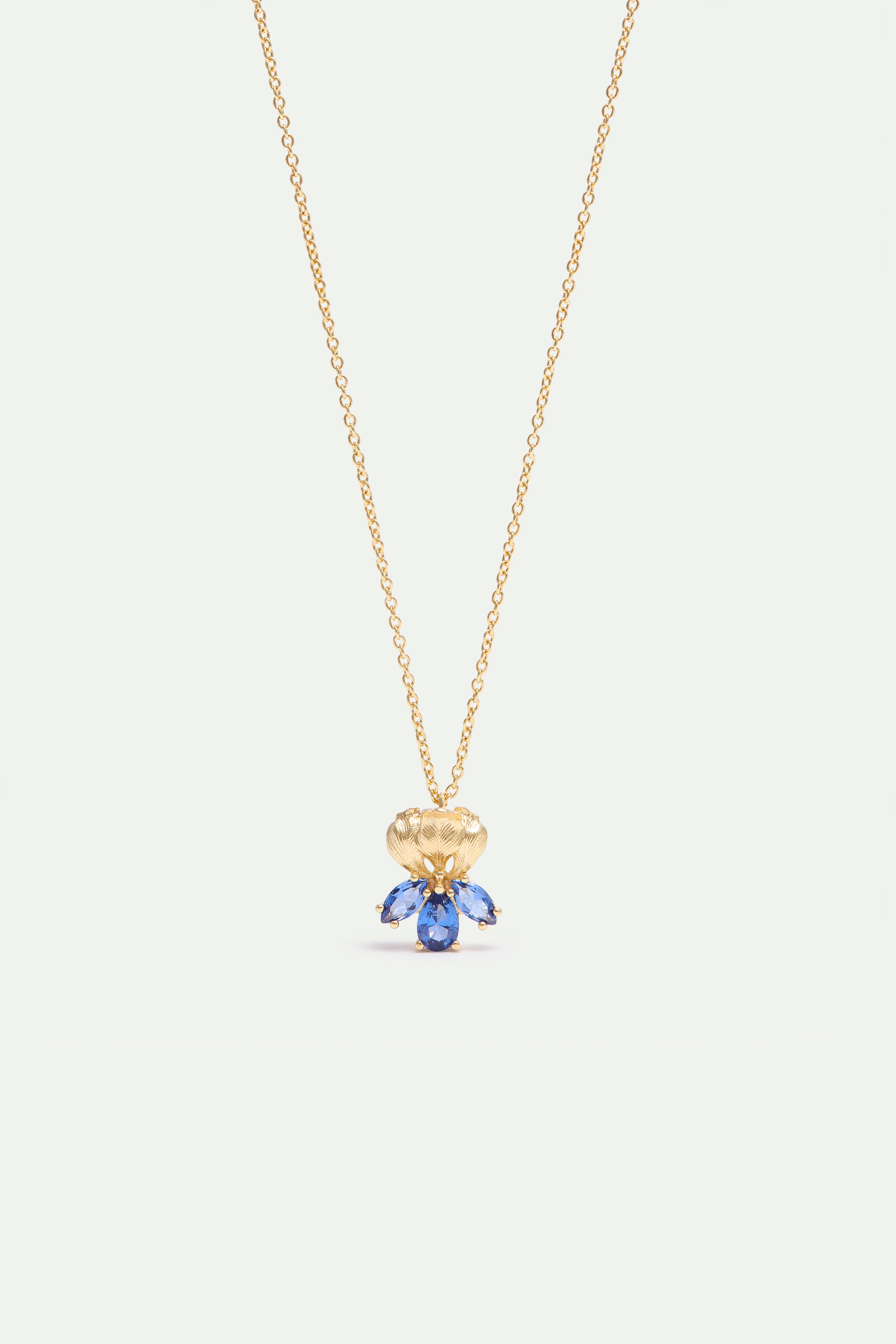Gold iris flower and blue stone pendant necklace