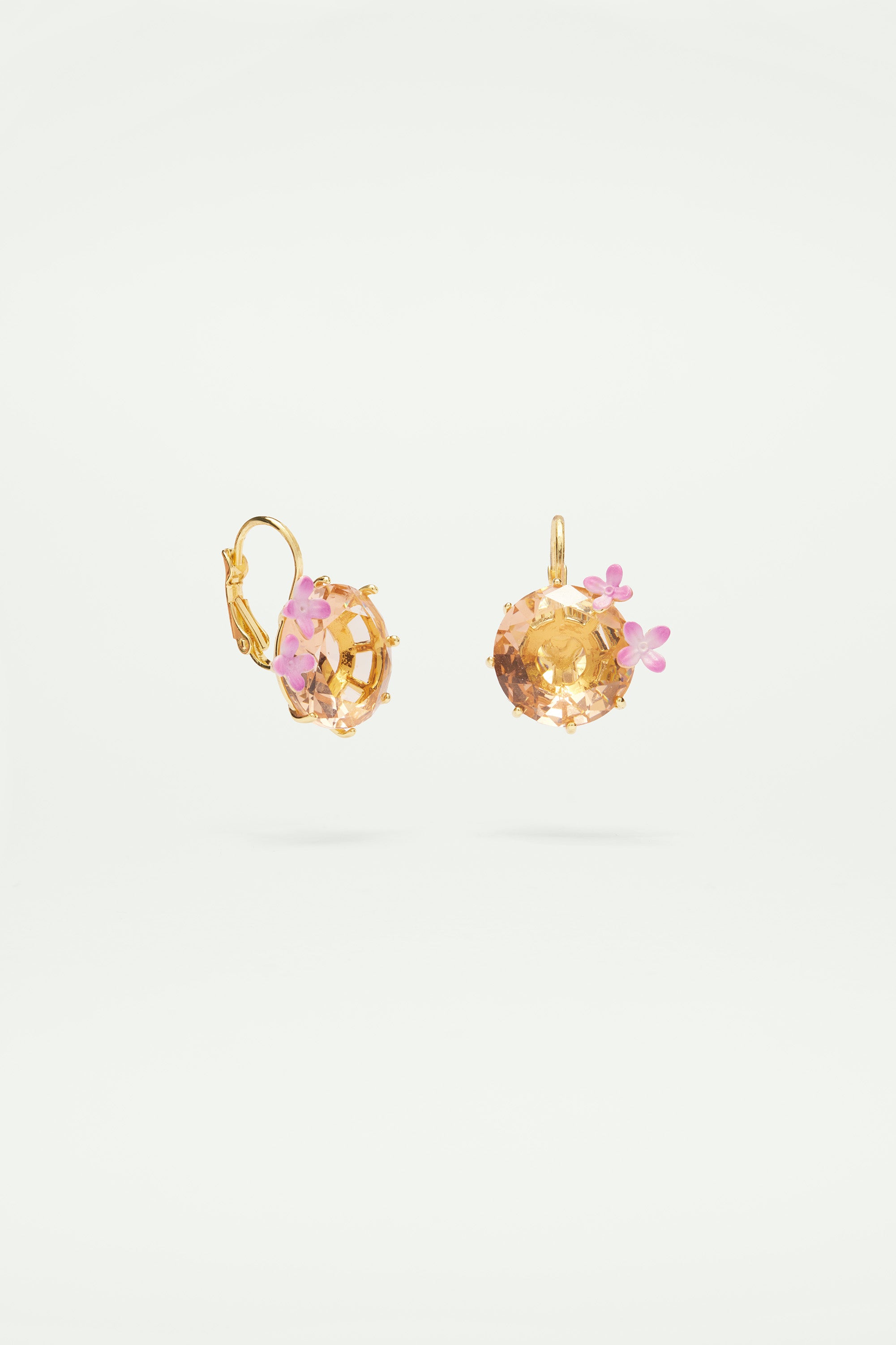 Apricot pink diamantine flower and round stone sleeper earrings