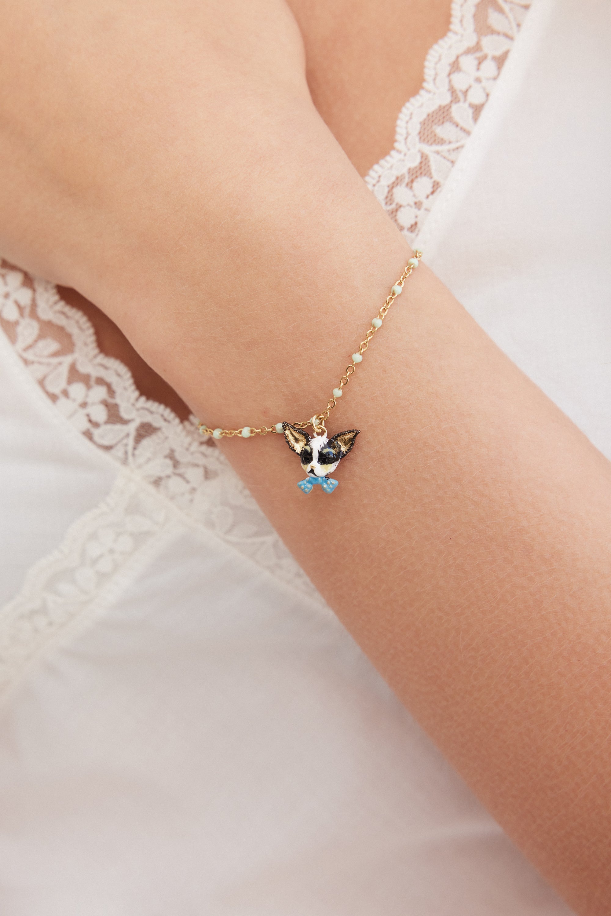 Chihuahua and blue bow tie fine bracelet