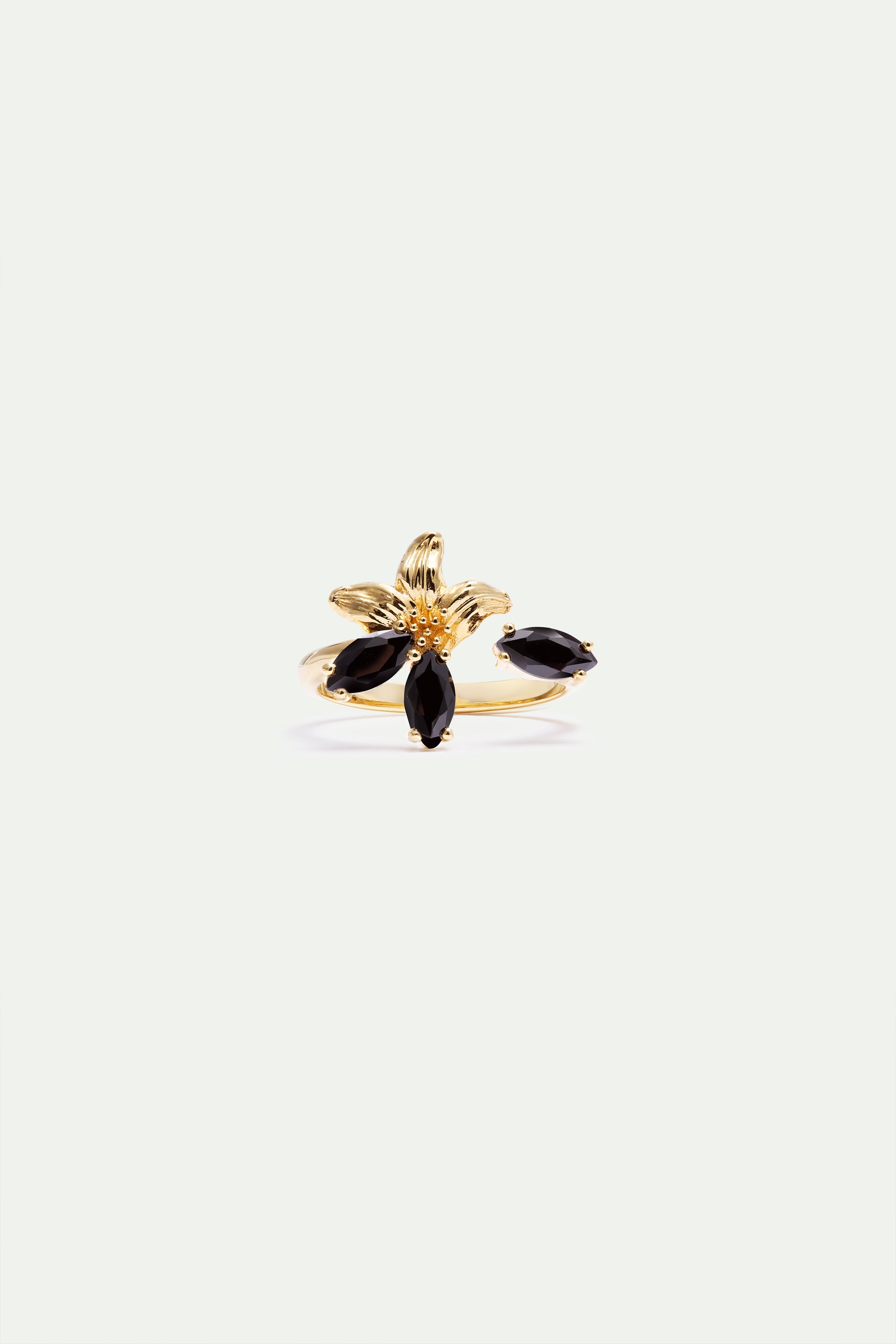 Golden lily and black stone adjustable ring