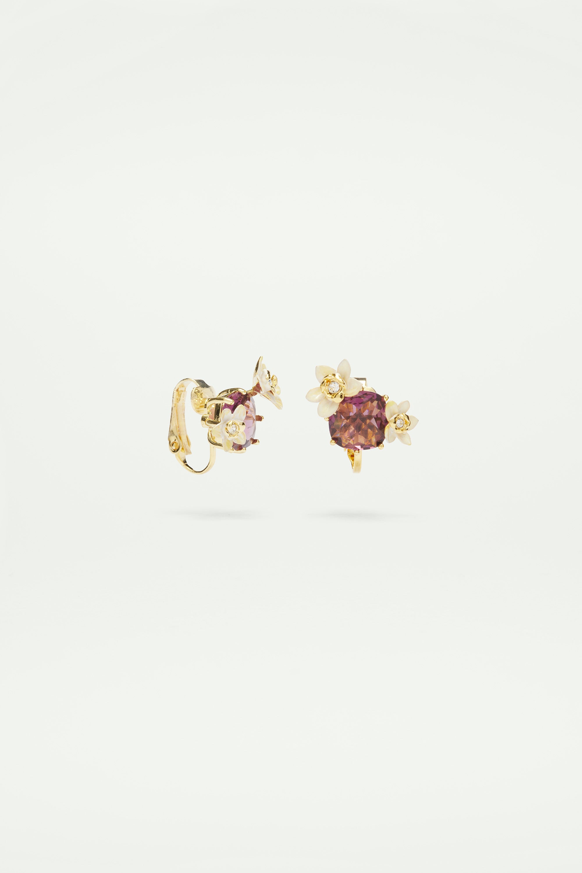 Faceted glass and vanilla flower clip-on earrings