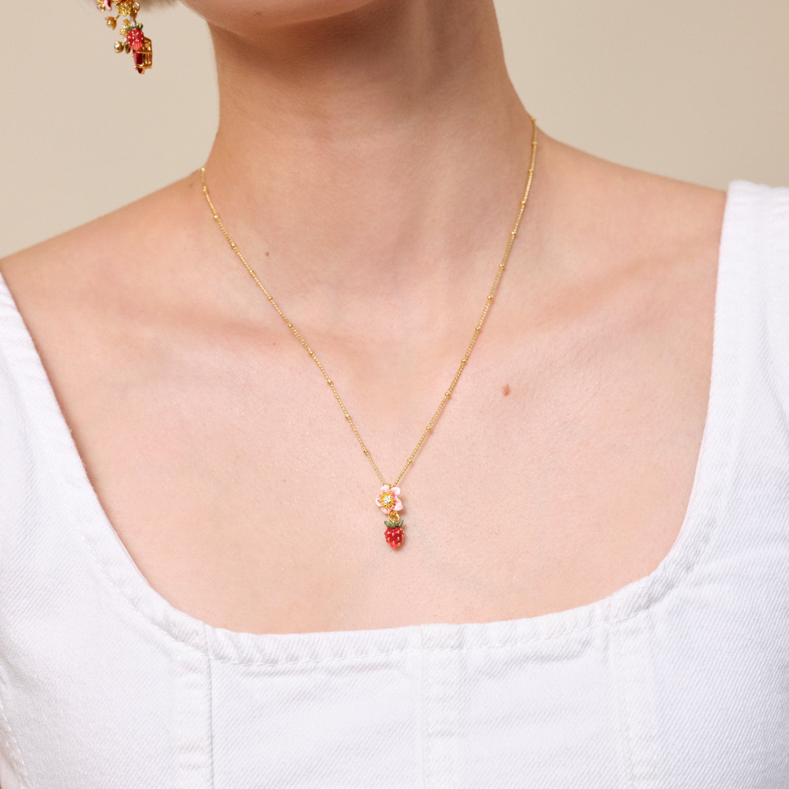 Wild strawberry and pink flower pendant necklace