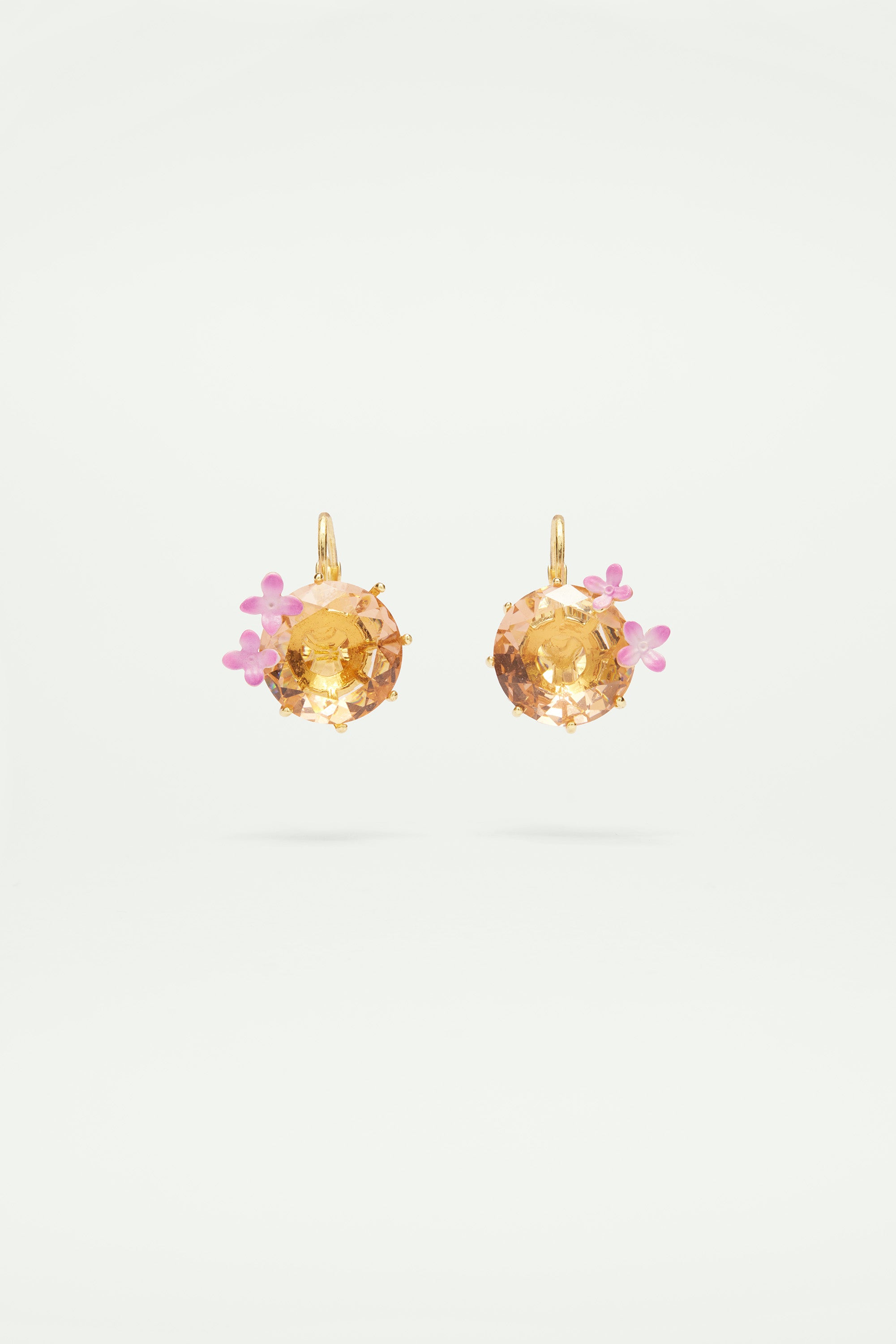 Apricot pink diamantine flower and round stone sleeper earrings
