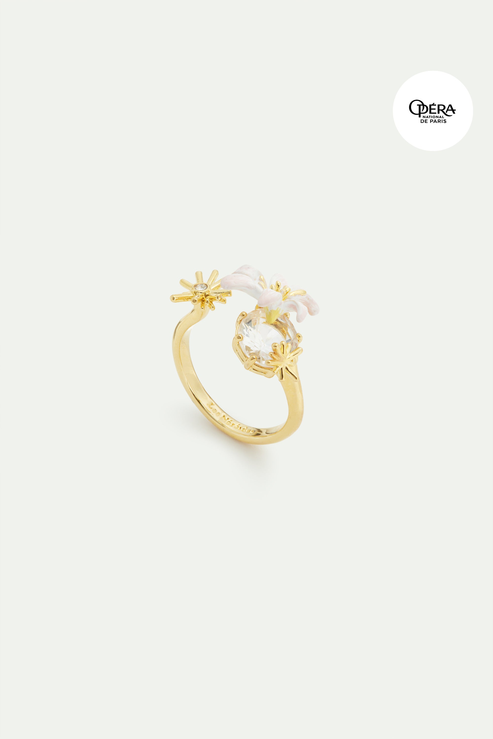 White lily flower and faceted stone adjustable gold-plated ring