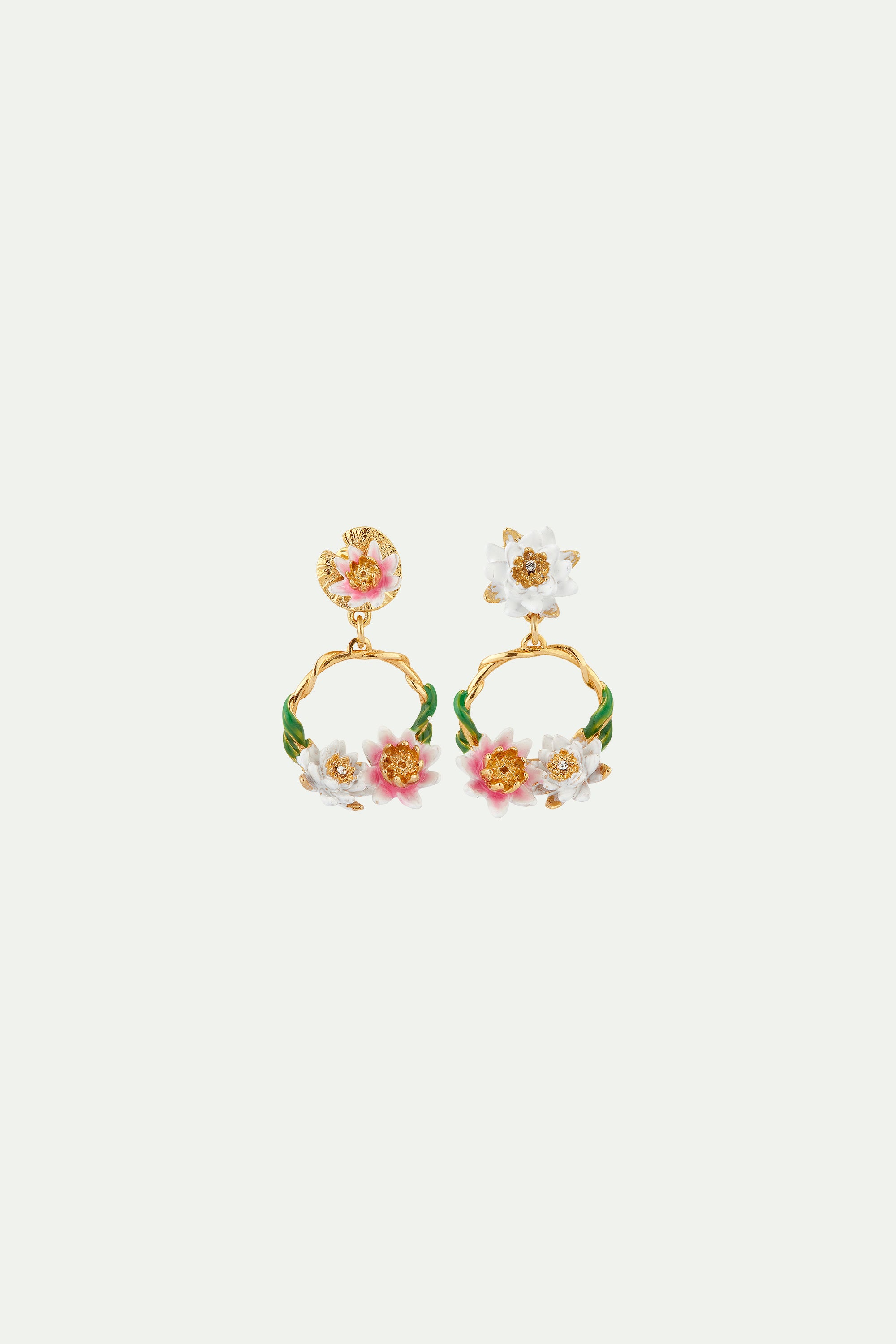 Pink and white water lily asymmetrical clip-on earrings