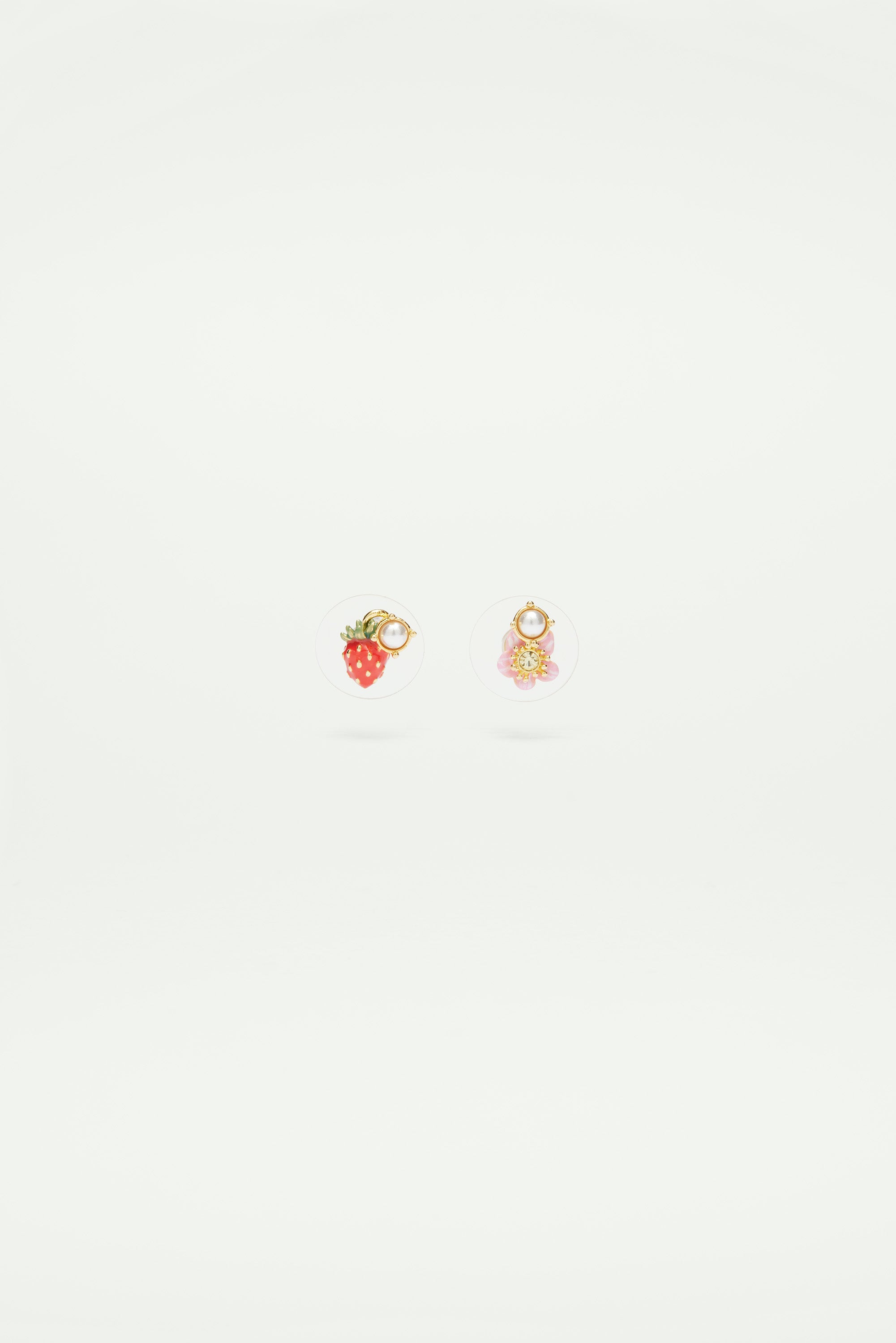Asymmetrical wild strawberry and pink flower post earrings