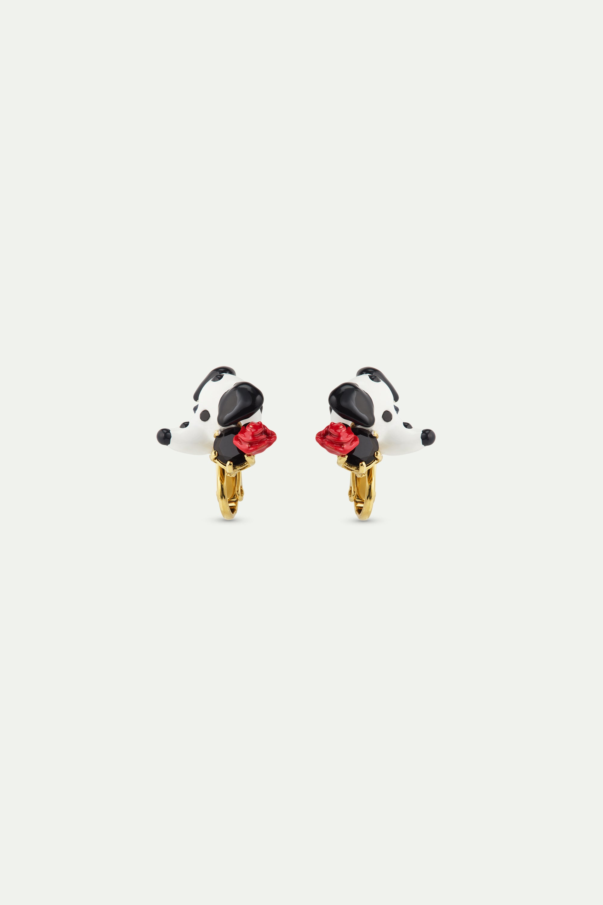 Dalmatian earrings with black round faceted glass stone and red rose