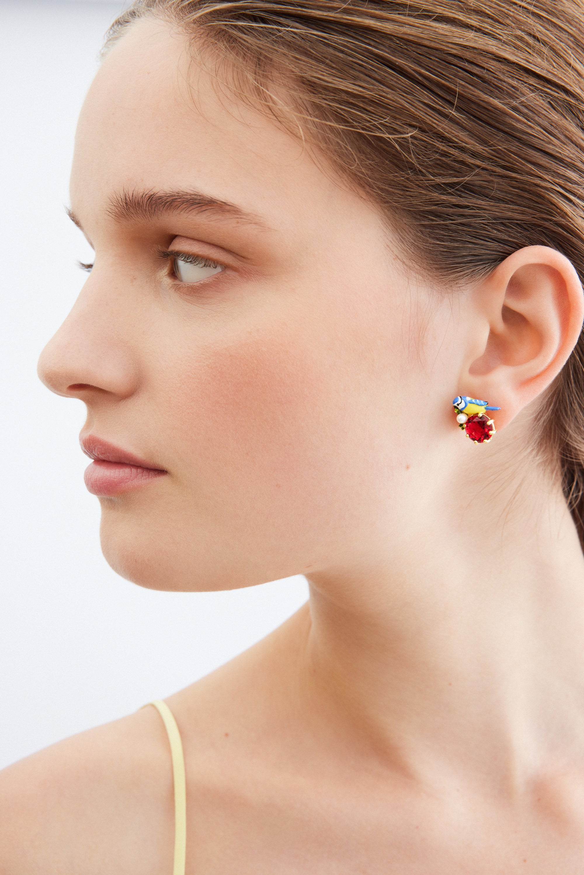 Blue tit and round red stone post earrings
