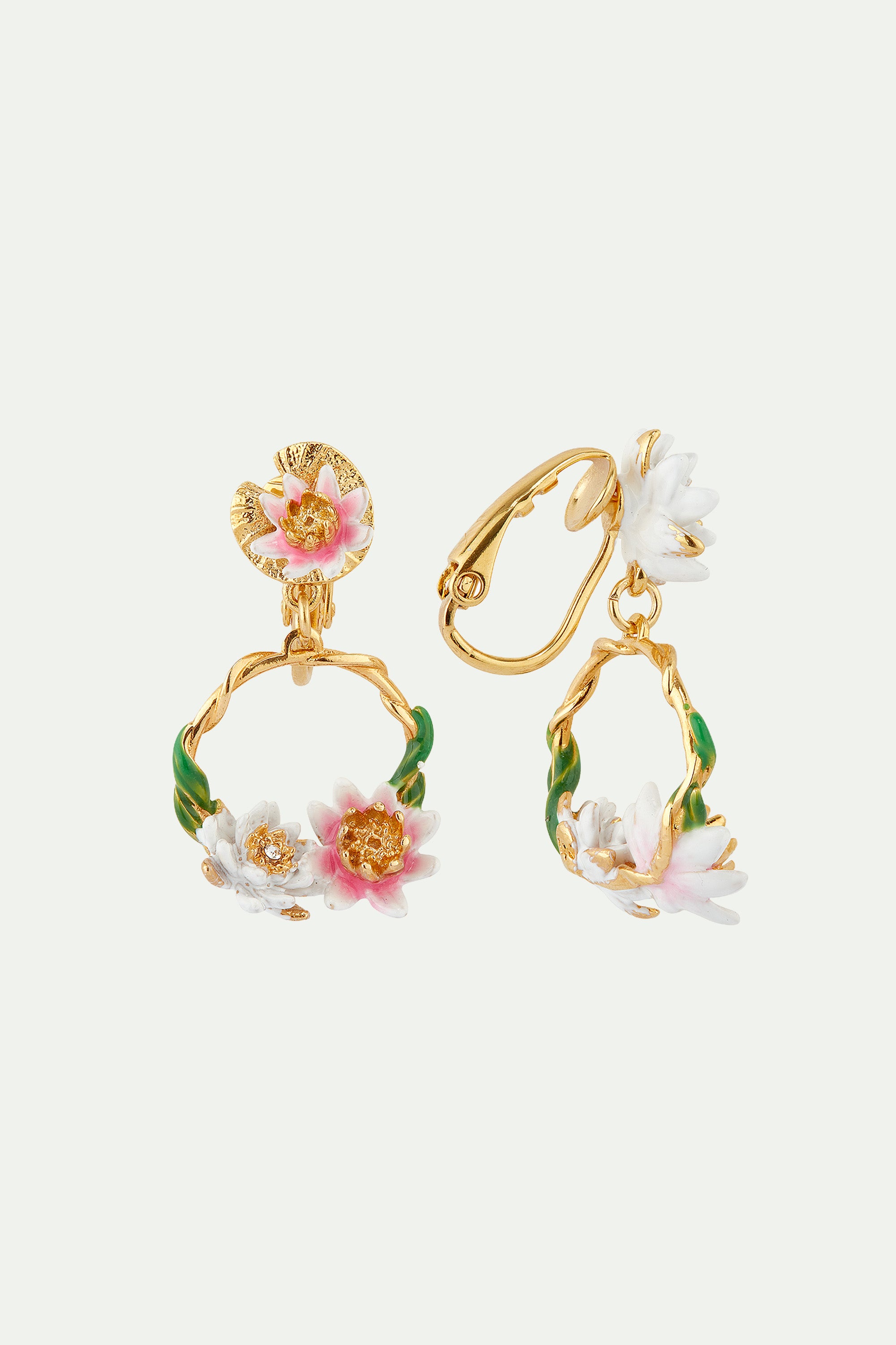 Pink and white water lily asymmetrical clip-on earrings