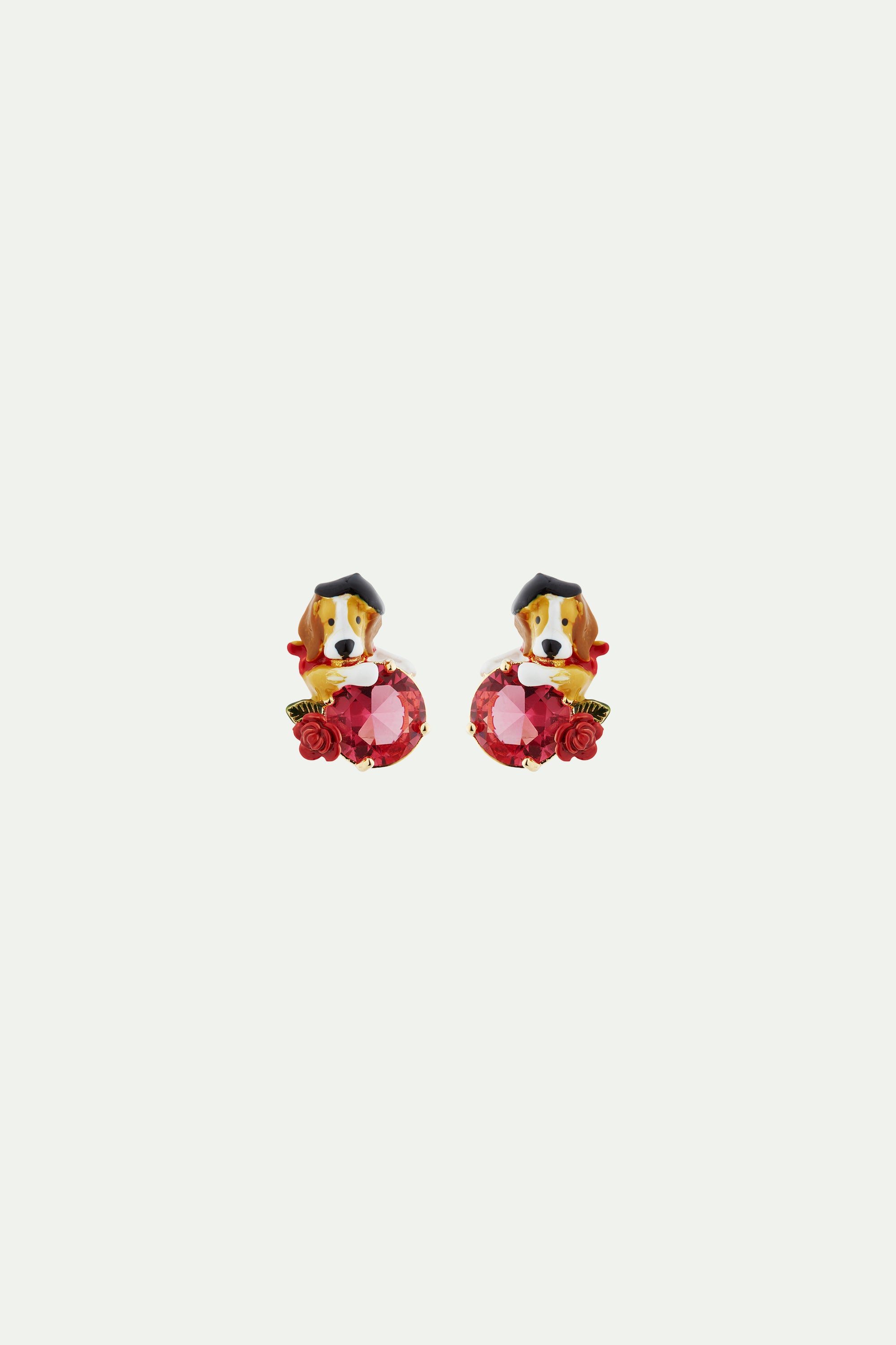 Beagle and pink cut glass stone post earrings