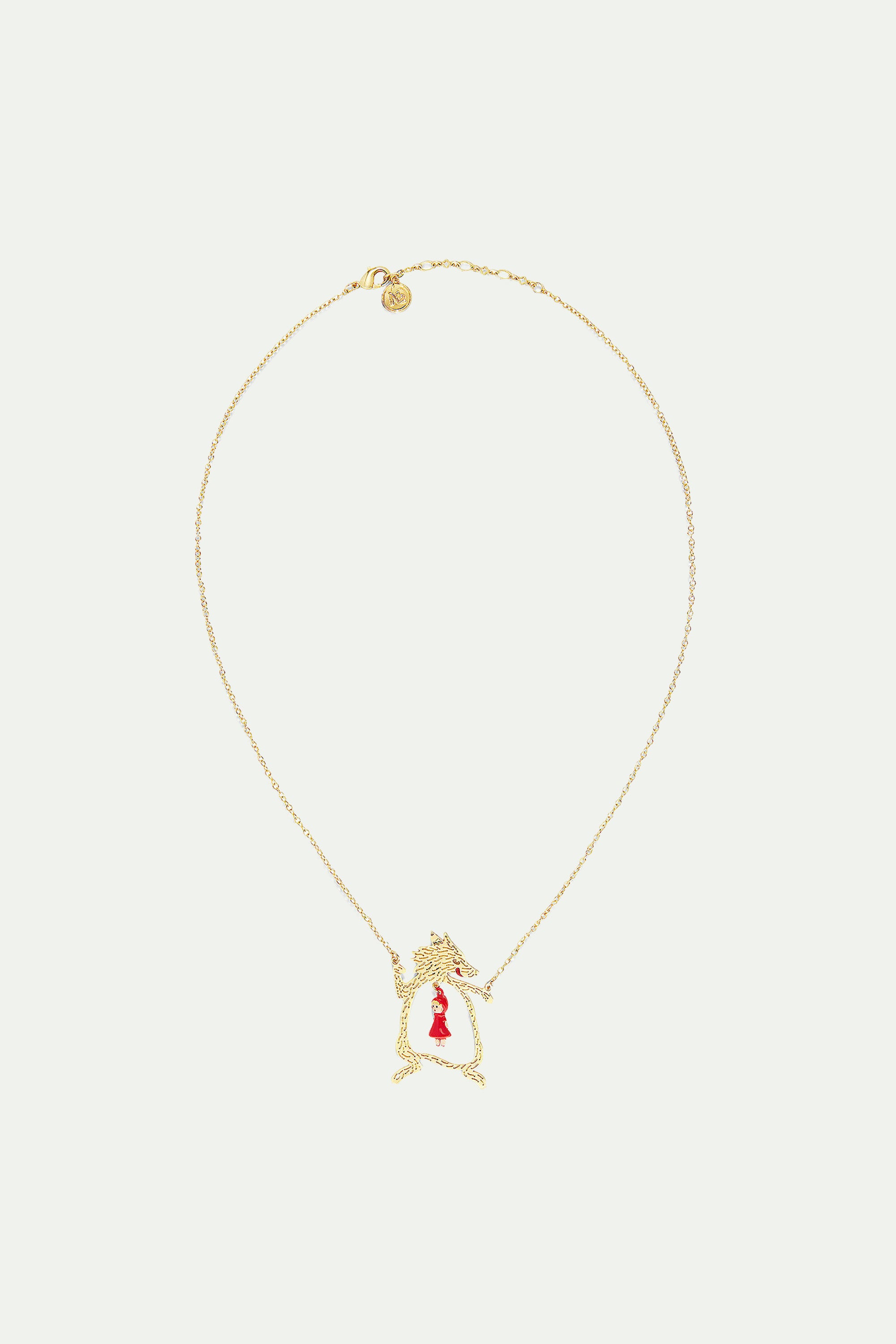 Golden Big Bad Wolf and Little Red Riding Hood pendant necklace