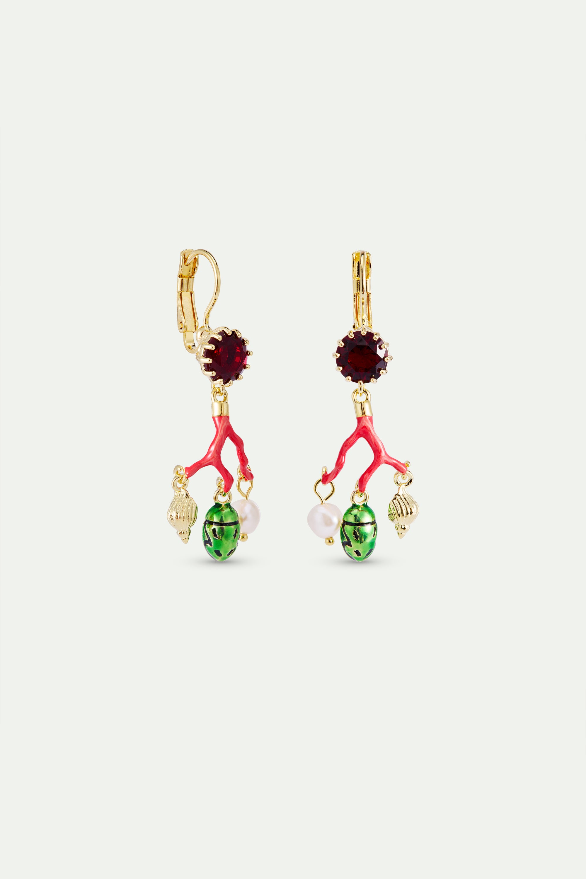 Coral sleeper earrings, red faceted glass, cultured pearl, golden beetle and seashell