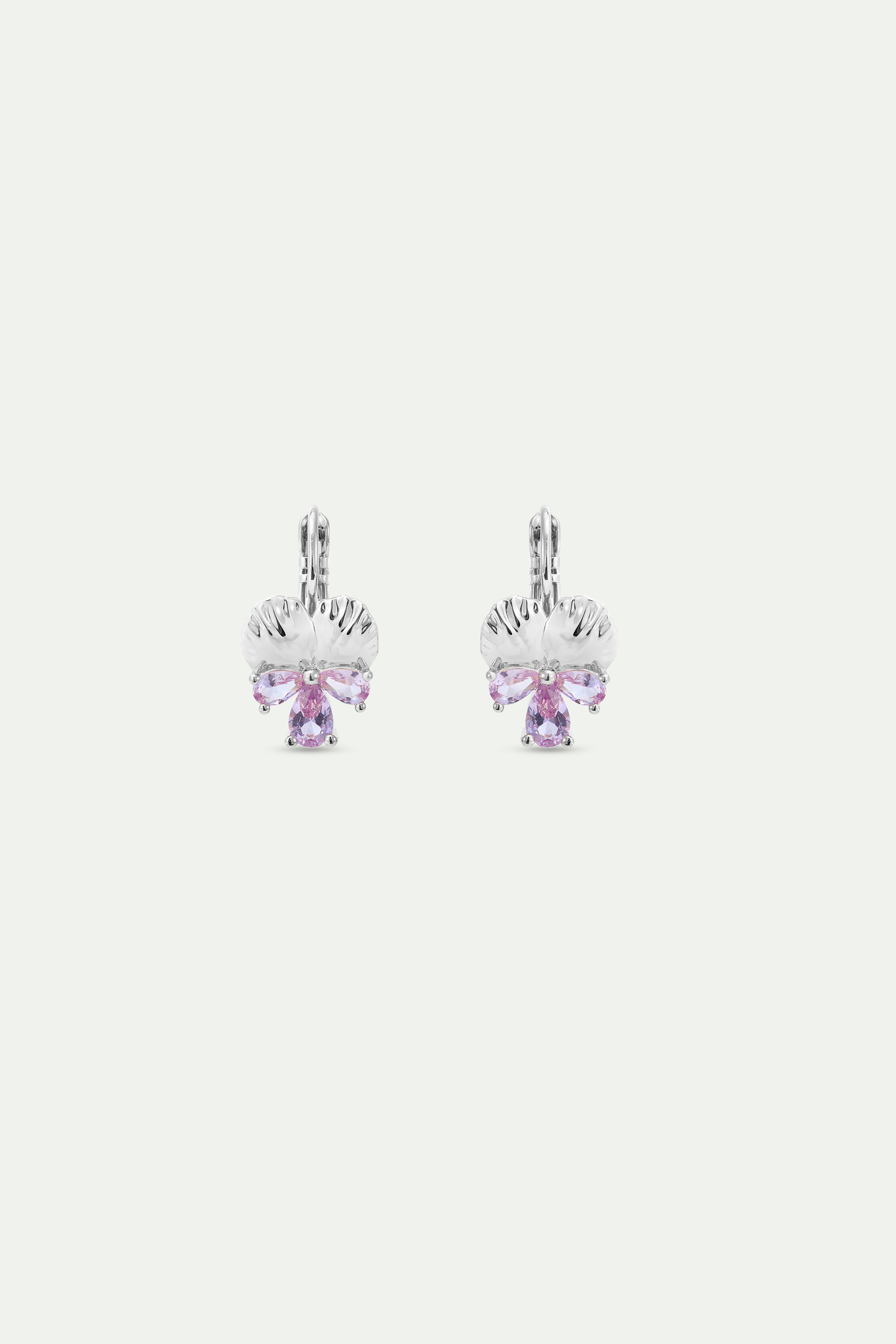 Silver sleeper earrings with pansy and pink stones